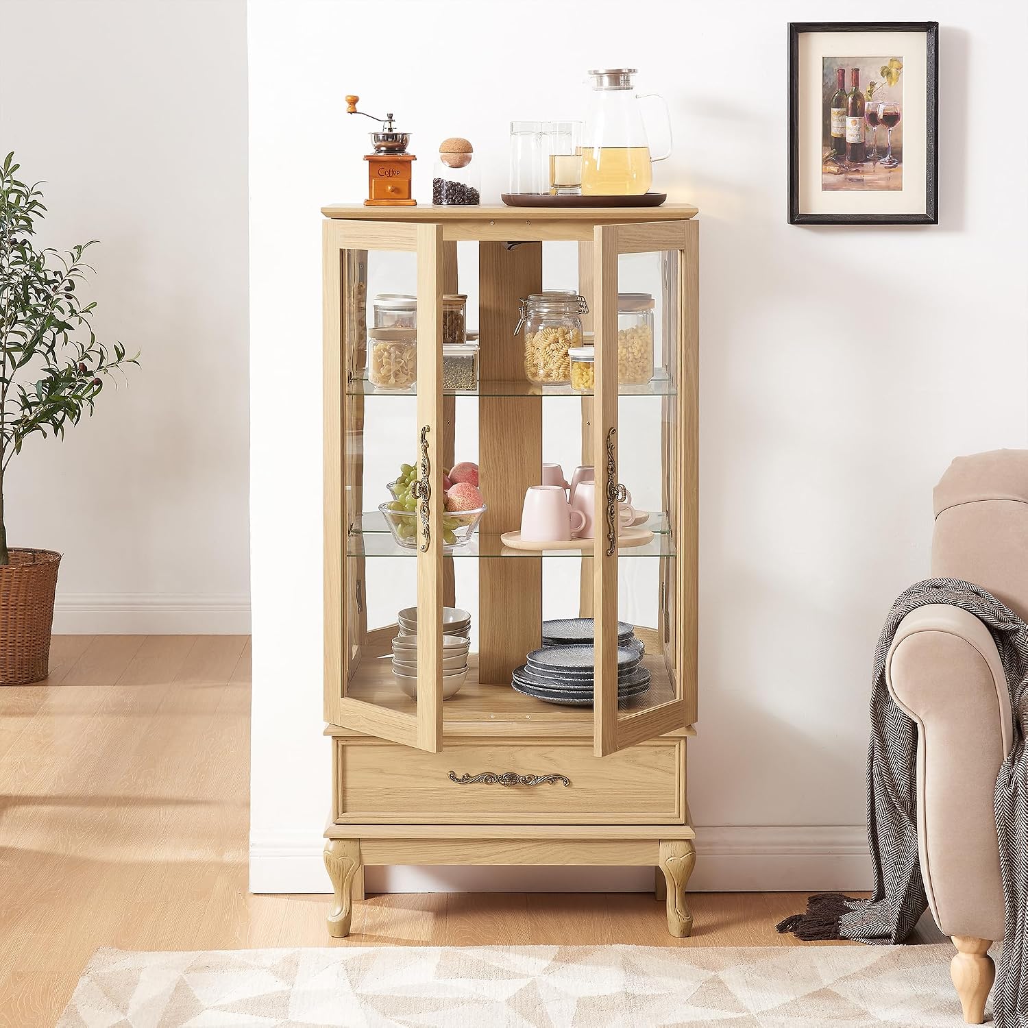 51' H Lighted Curio Display Cabinet with 2 Doors & 1 Drawer, Wooden Glass Curio Showcase w/Adjustable Shelves & Mirrored Back Panel, Storage Cabinet Display Case for Living Room (Light Oak)