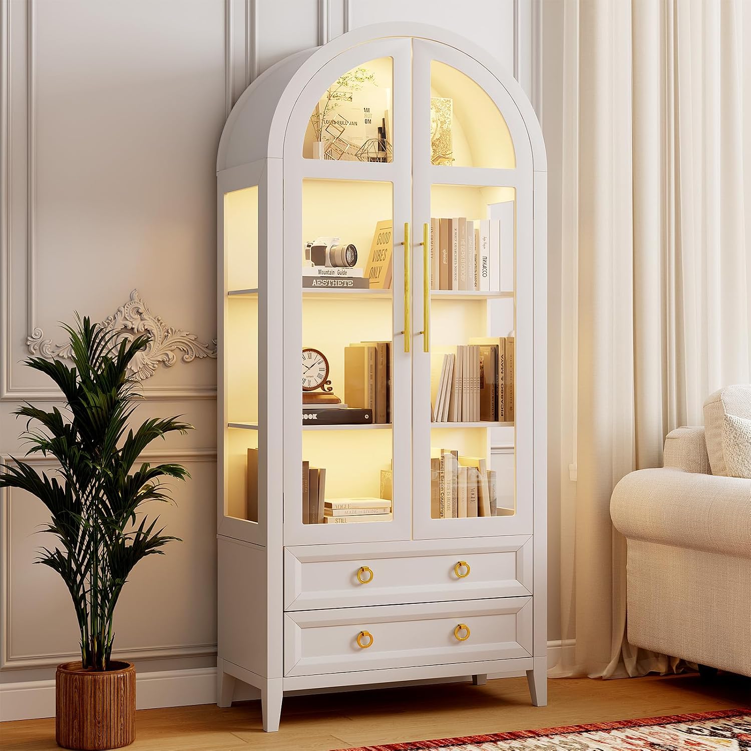 LVSOMT 71' Tall Arched Storage Cabinet with Glass Doors and Drawers, Curio Display Cabinet with Adjustable LED Light & Human Sensor, 4-Tier China Cabinet for Living Room(White)