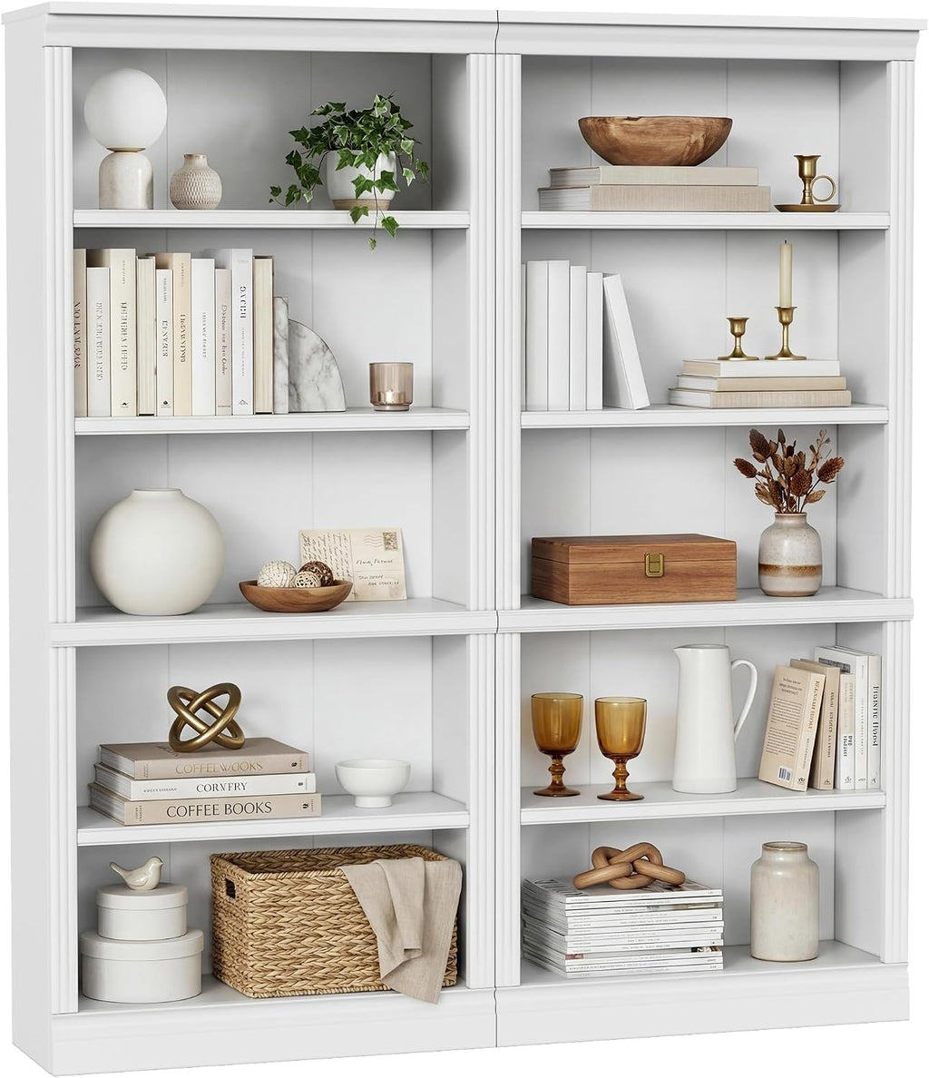 Furniwell Bookcase Bookshelves, 5-Shelf Tall Bookcase 71' Wood Open Display Floor Bookshelf, Large Storage Organizer for Library, Bedroom, Living Room, Set of 2 (White)