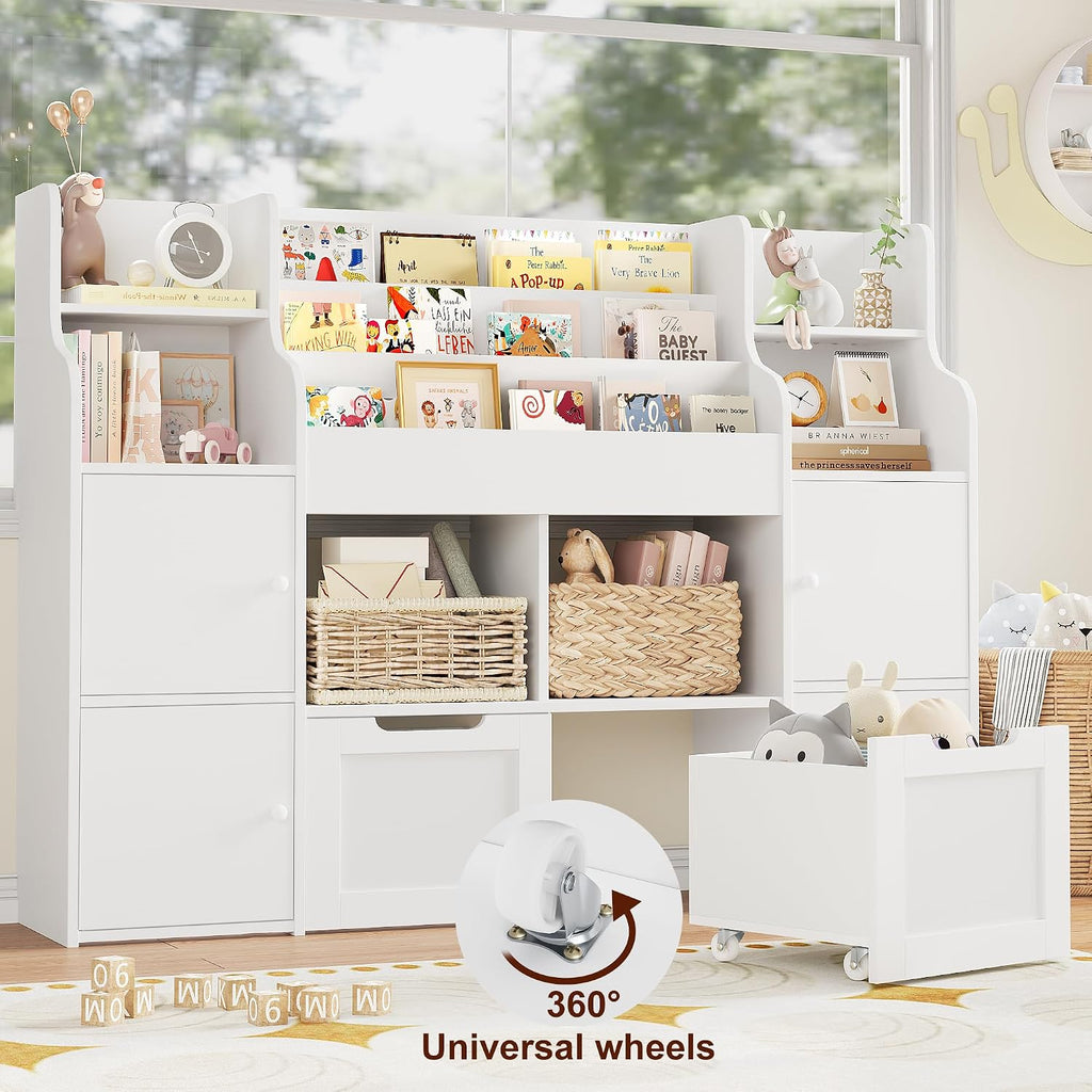 FINETONES Toy Storage Organizer, Large Toy Organizers and Storage with 8 Storage Cubbies and 2 Movable Drawers, Toy Shelf Organizer with 4 Display Shelves, 3-Tier Kids Bookshelf and Toy Storage