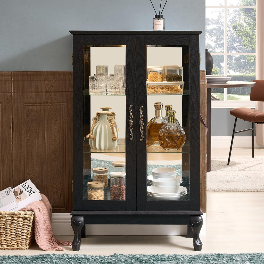 43' H Lighted Wooden Curio Cabinet, Freestanding Glass Display Case with Tempered Glass Door, Adjustable Shelves and Mirrored Back Panel, Decorative Storage Cabinet for Living Room (Black)