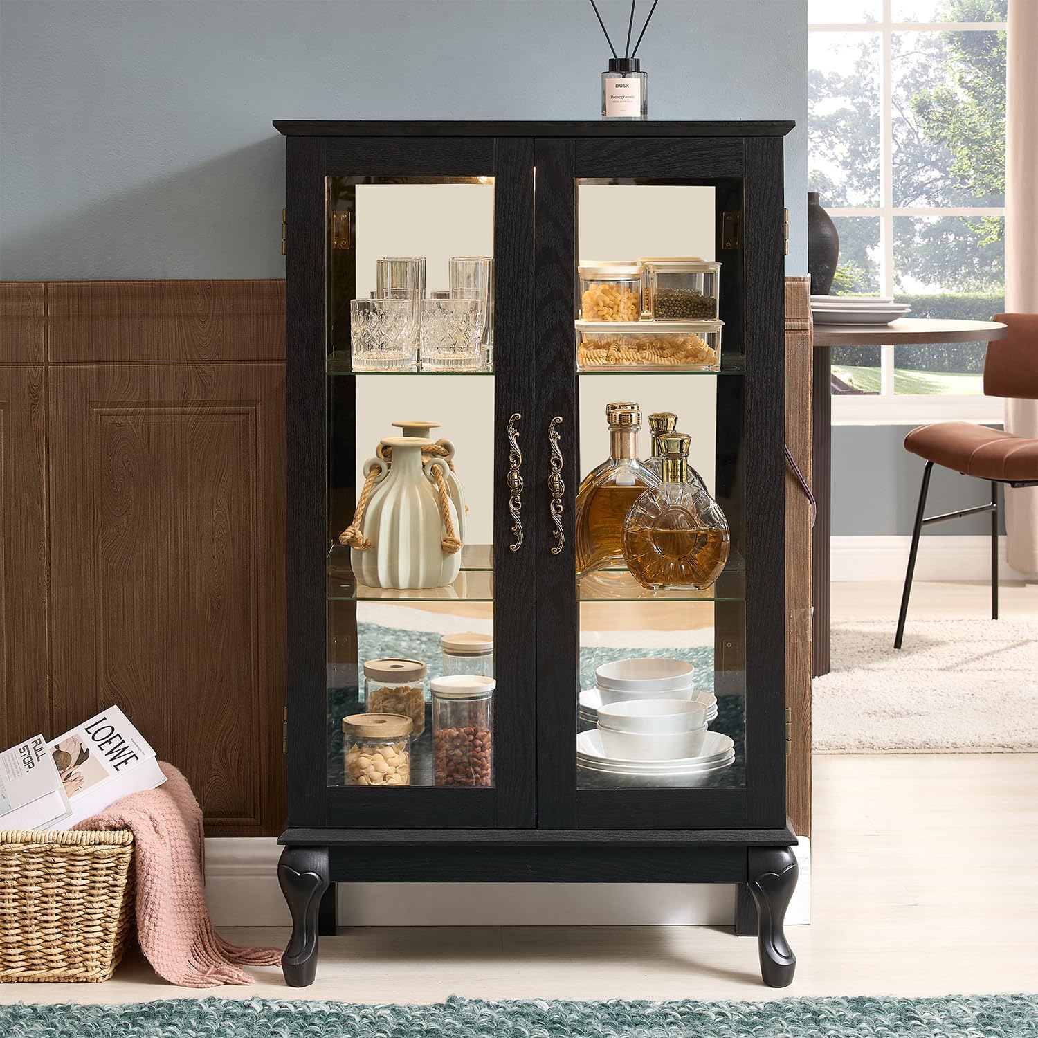 43' H Lighted Wooden Curio Cabinet, Freestanding Glass Display Case with Tempered Glass Door, Adjustable Shelves and Mirrored Back Panel, Decorative Storage Cabinet for Living Room (Black)