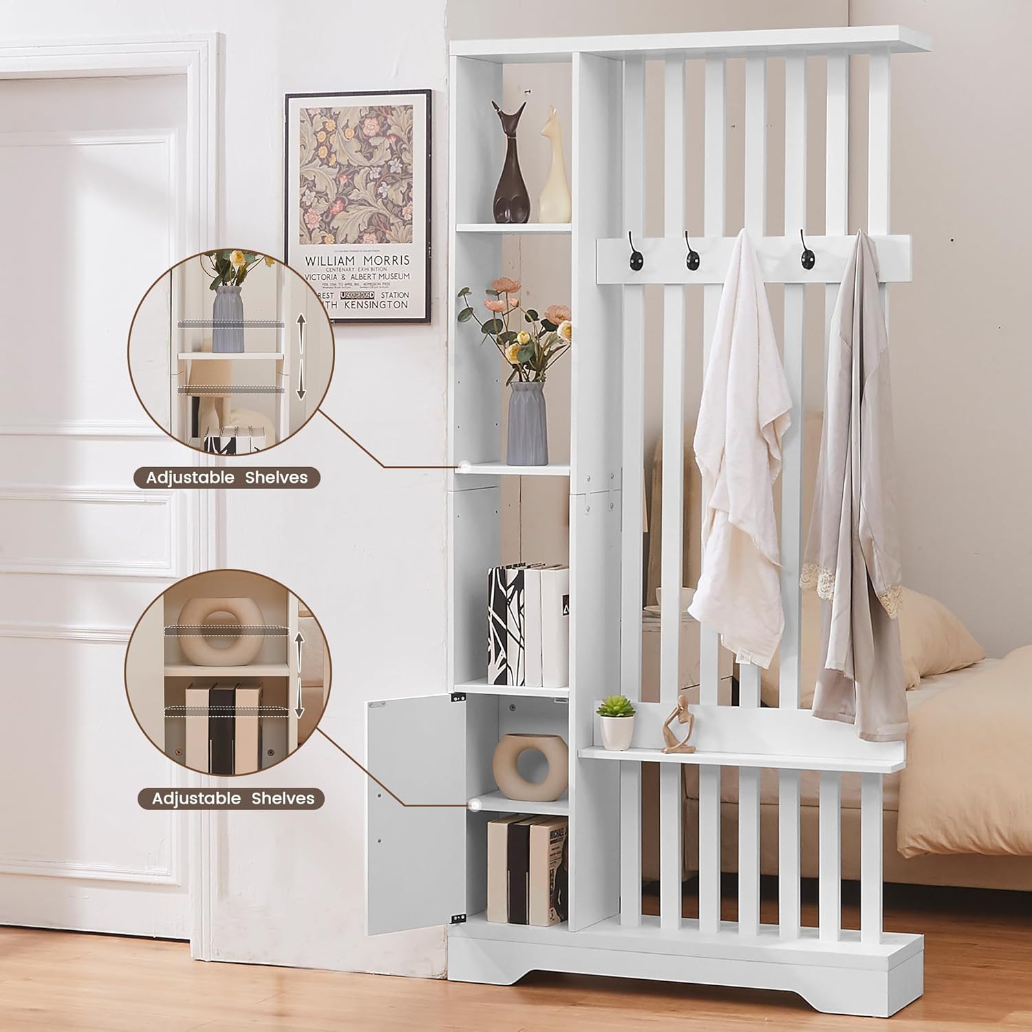 Room Divider with Shelves, Wall Room Divider Bookshelf, Freestanding Wood Privacy Screen with Storage Cabinet, Coat Rack, Display Shelf for Living Room Separation, Home Office Decorative (White)