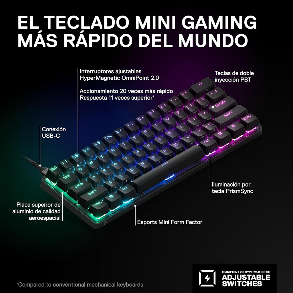 SteelSeries Apex Pro Mini HyperMagnetic Gaming Keyboard – Adjustable Actuation – Compact 60% Form Factor – RGB – PBT Keycaps – USB-C