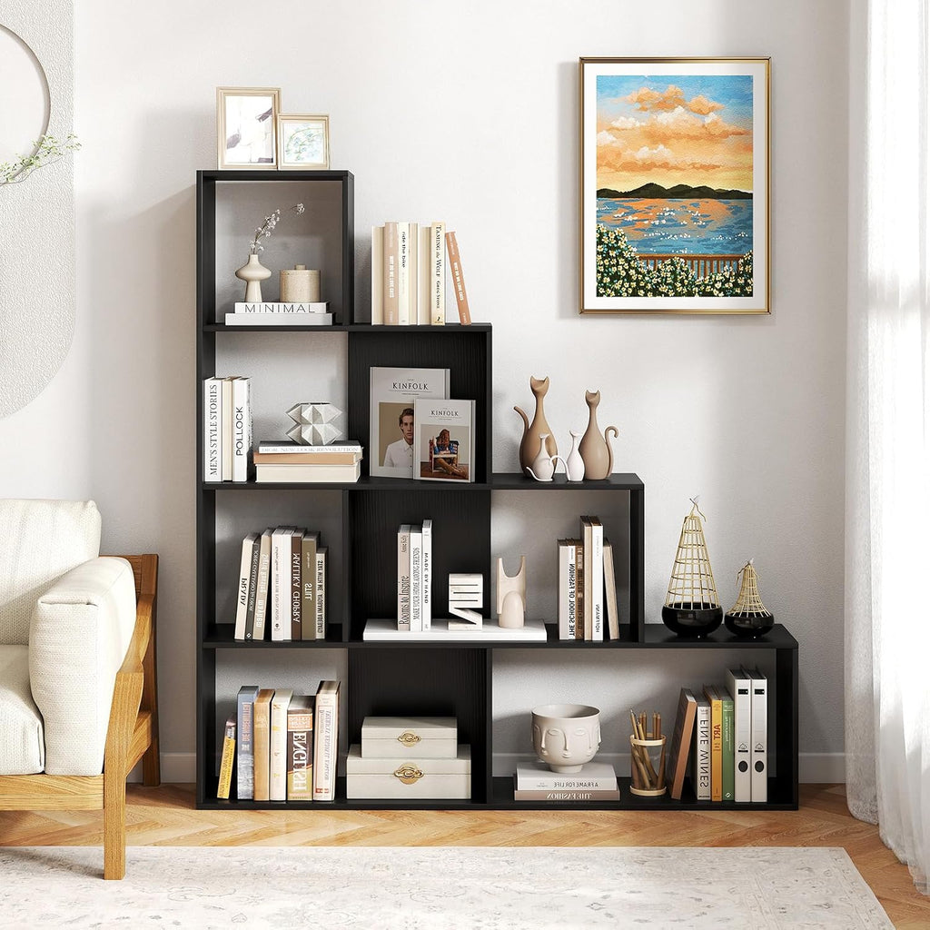 Tangkula 4-Tier Stepped Bookshelf, Freestanding 6 Cubes Ladder Bookcase with Anti-Tipping Kits, 64' Tall Modern Wooden Storage Display Rack for Home Office Living Room Study (1, Black)