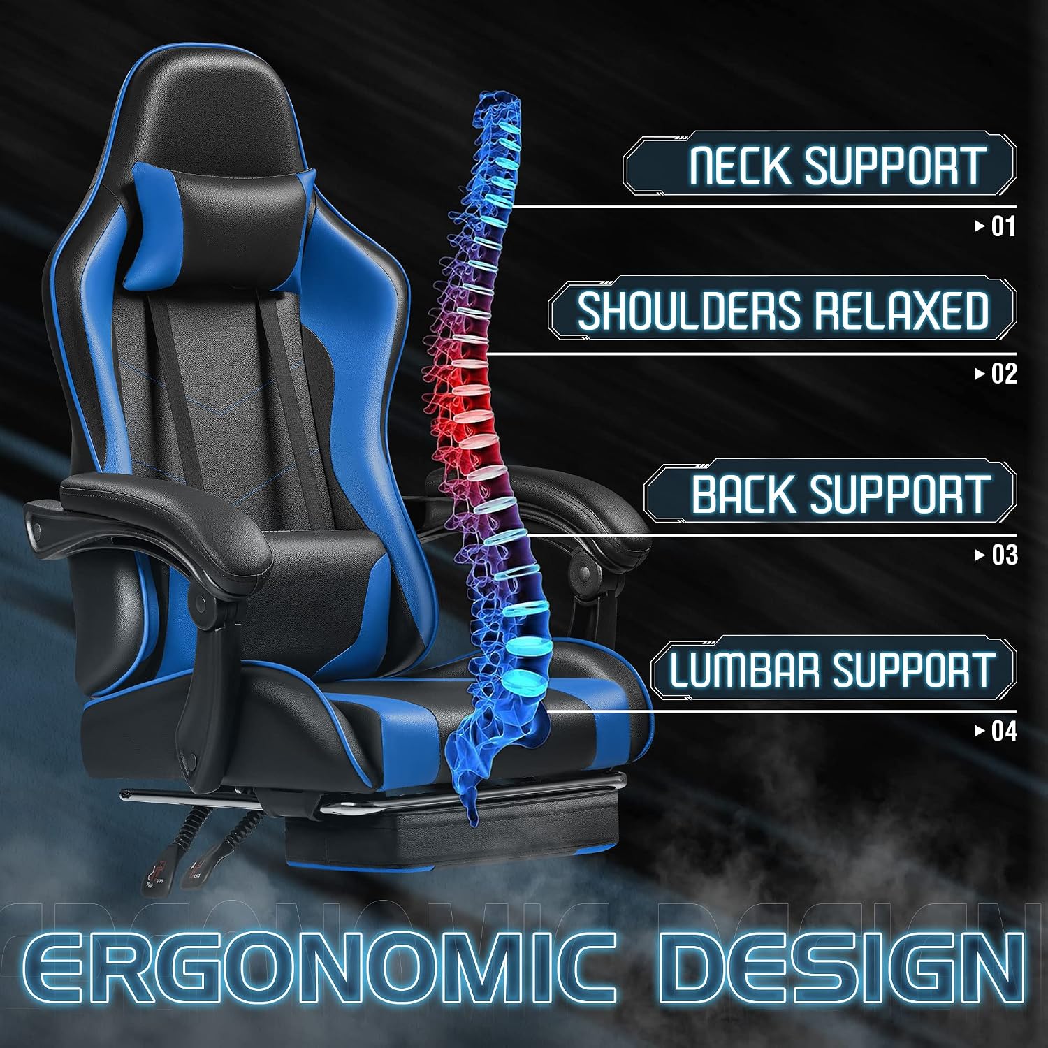 Homall Gaming Chair, Video Game Chair with Footrest and Massage Lumbar Support, Ergonomic Computer Chair Height Adjustable with Swivel Seat and Headrest (Blue)