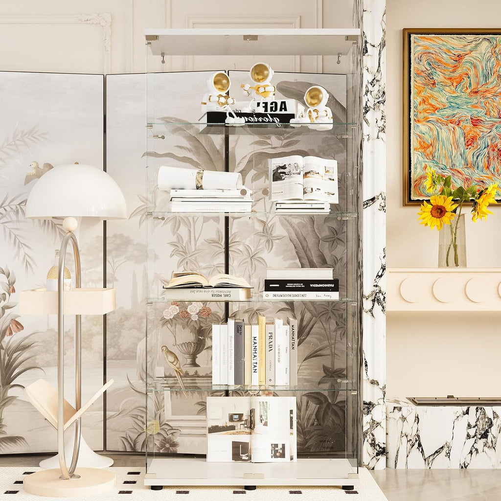 Beauty4U Glass Display Cabinet with 5 Shelves, Curio Cabinets for Living Room, Bedroom, Office, White Floor Standing Glass Bookshelf, Quick Installation
