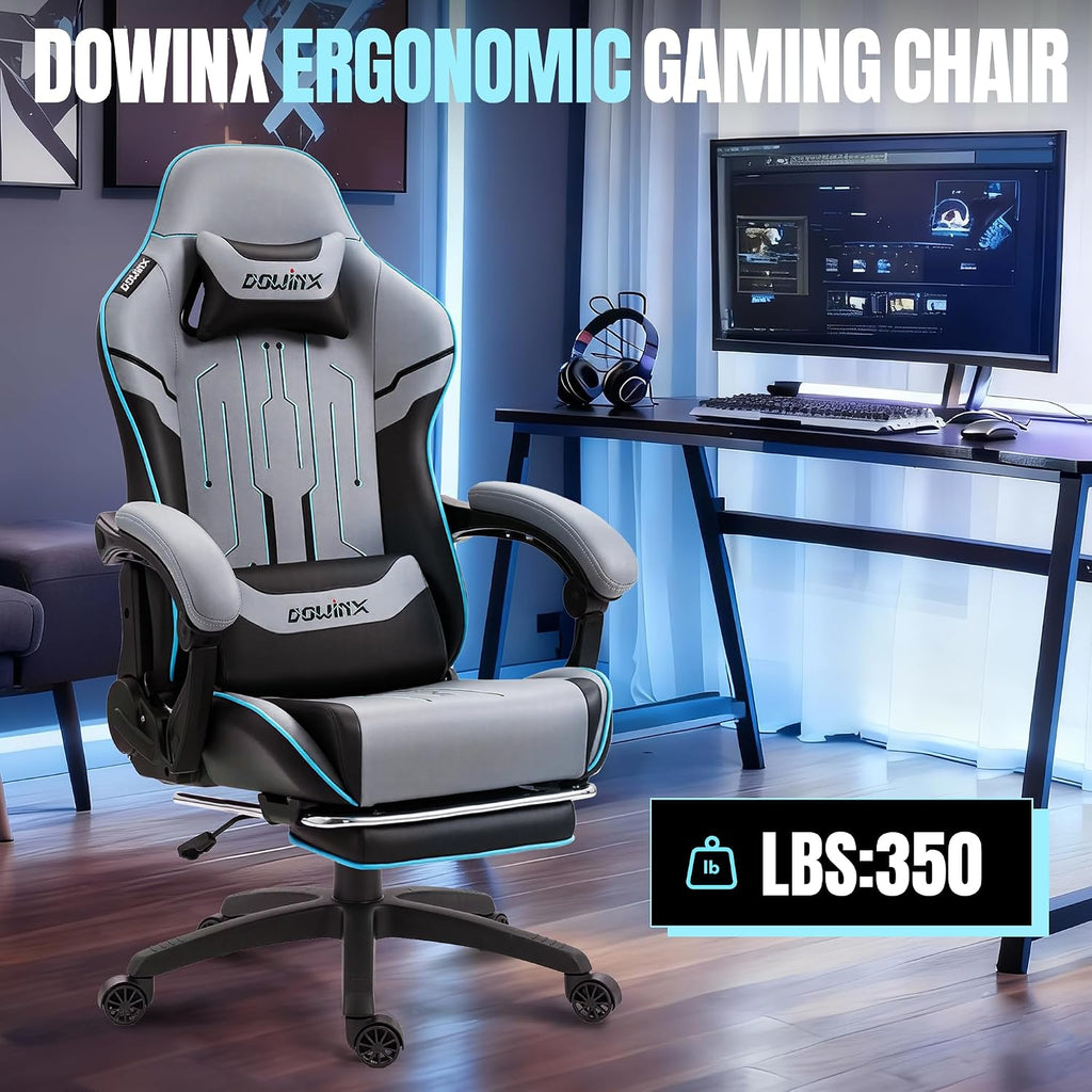 Dowinx Big and Tall Gaming Chair 350LBS, Racing Style Ergonomic Computer Chair with Side-Mounted Recline Control, Footrest & Massage Lumbar, High Back Chair with Embroidered Design for Gaming or Work
