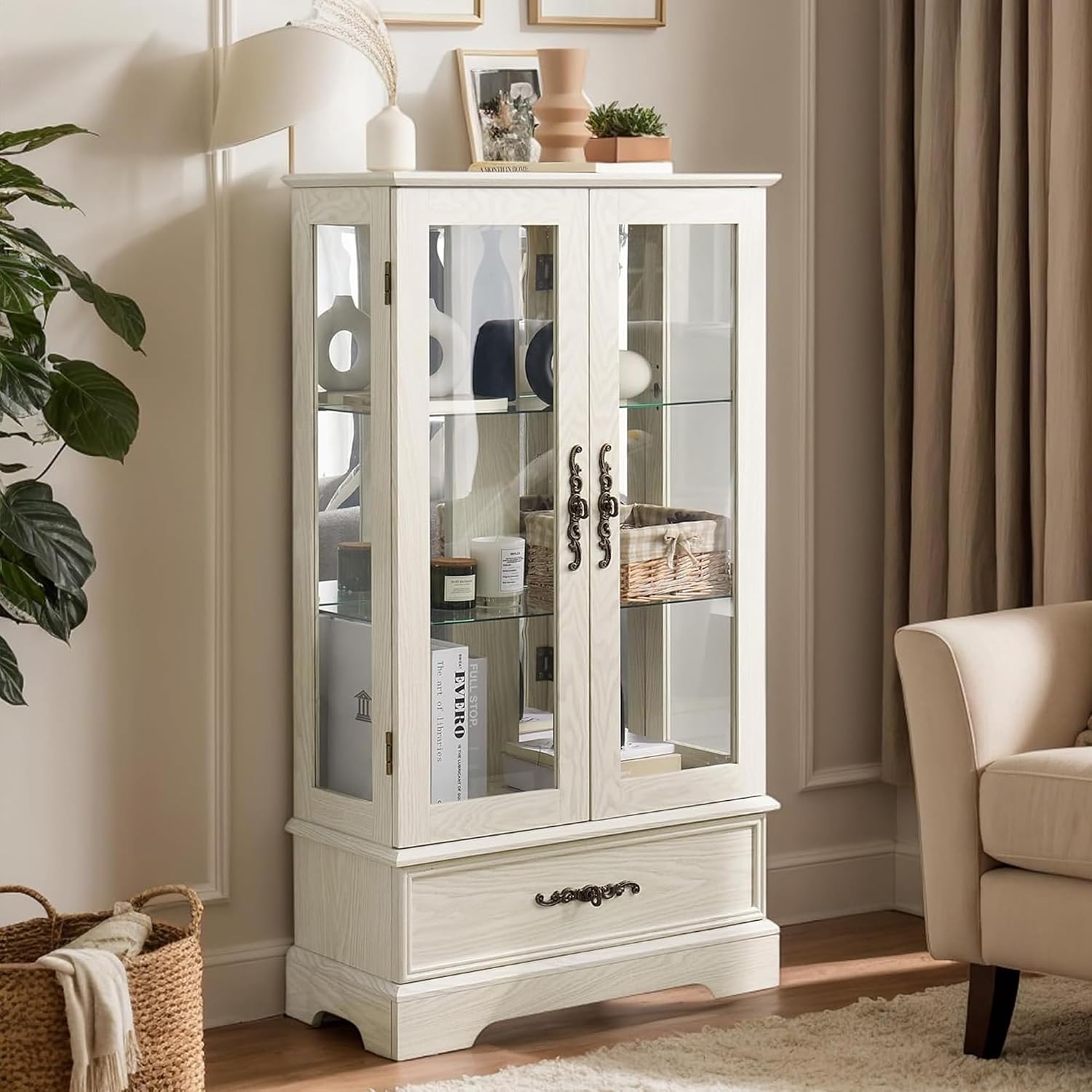 3-Tier Lighted Curio Display Cabinet, 47' H Glass Accent Storage Cabinet with Adjustable Glass Shelves & 1 Drawer, Wooden Wine Display Case with Mirrored Back Panel for Living Room (White)