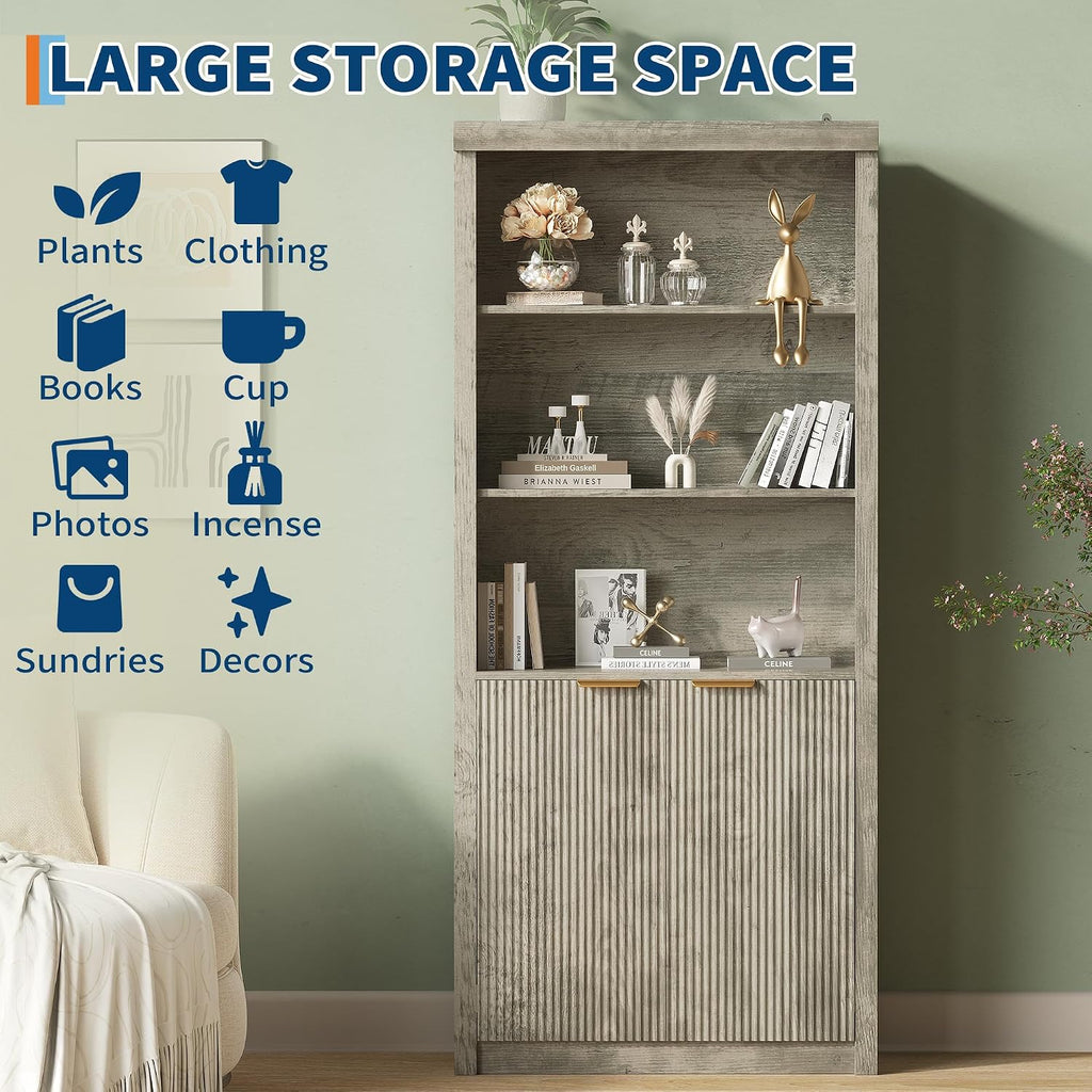 GarveeHome Tall Book Shelf and Bookcase, 31.5' Wide Wooden Bookcase with Doors, Farmhouse Book Case with Large Storage, 5-Shelf Bookcases with Adjustable top Shelve for Home Office, Living Room,Grey