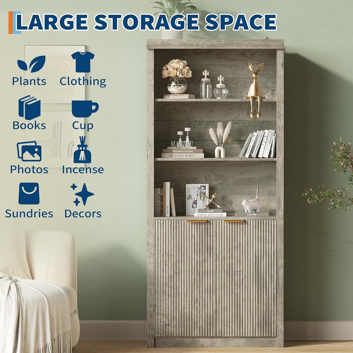 GarveeHome Tall Book Shelf and Bookcase, 31.5' Wide Wooden Bookcase with Doors, Farmhouse Book Case with Large Storage, 5-Shelf Bookcases with Adjustable top Shelve for Home Office, Living Room,Grey
