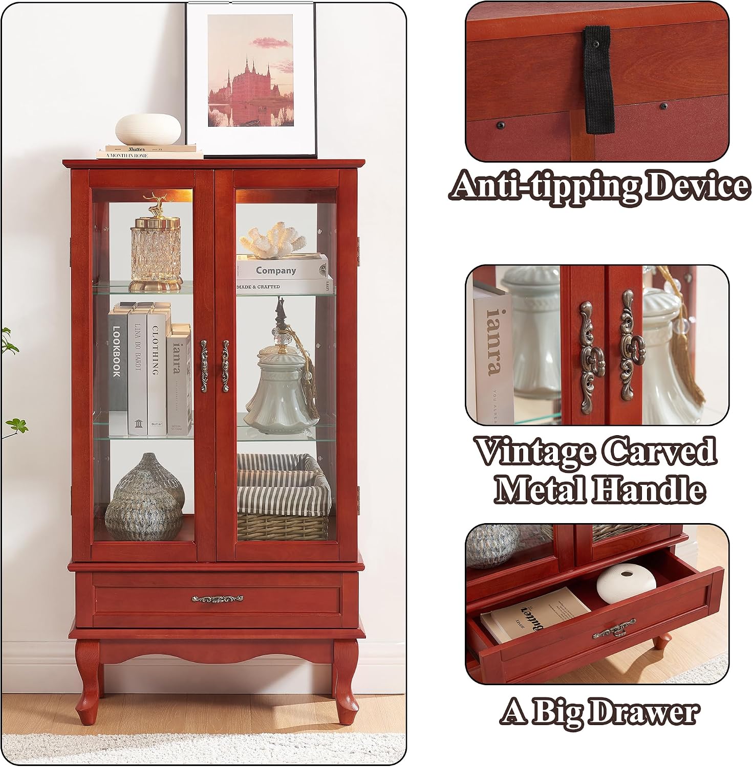 49' H Lighted Curio Cabinet Display Case, Glass Curio Cabinet with Adjustable Shelves,Tempered Glass Door and Drawer, Wooden Cabinets w/Mirrored Back Pane for Living Room (Cherry)