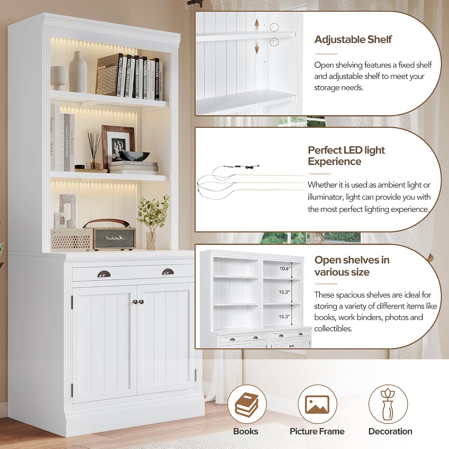 LUMISOL 83.4' Tall Bookshelf with Drawer and Cabinet, Freestanding Pantry Sideboard Cabinet with LED Lights, Solid Wood Tall Bookcase with Open Storage Shelves, White