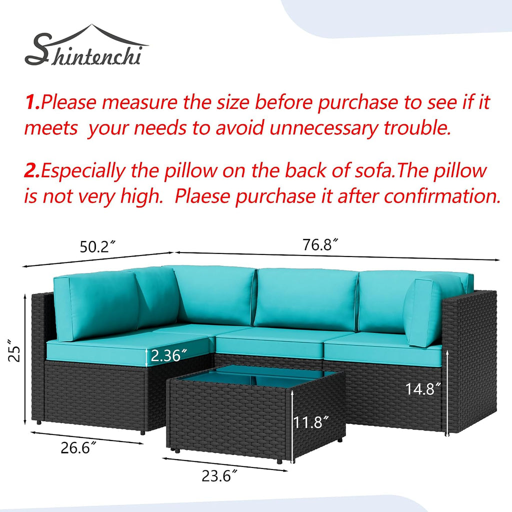 Shintenchi 5 Pieces Outdoor Patio Sectional Sofa Couch, Black PE Wicker Furniture Sets, Patio Conversation Sets with Washable Cushions Glass Coffee Table for Garden, Poolside, Backyard,Blue