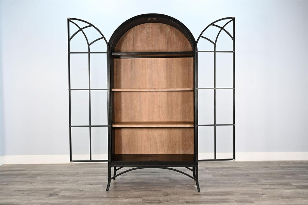Sunny Designs Ella Arched Metal & Wood Display Cabinet with Glass Doors – Powder-Coated Steel Frame, Magnetic Latches, Adjustable Shelves, Windowpane Design, Living Room Storage (Umbra/Oak Grove)