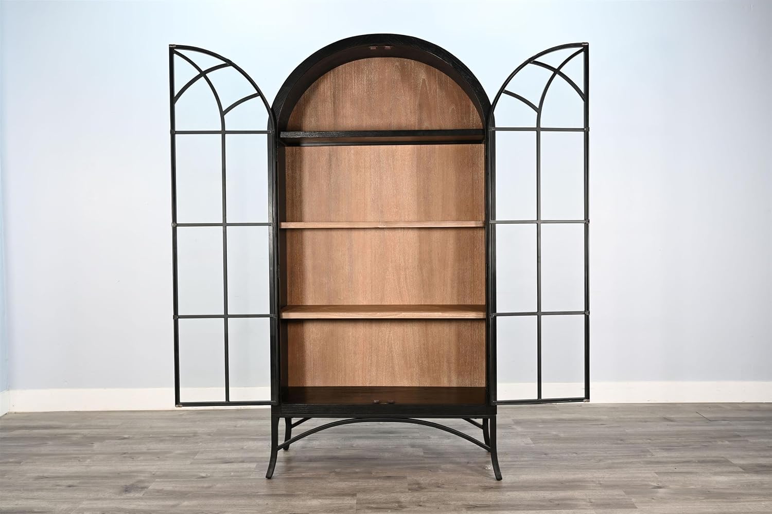 Sunny Designs Ella Arched Metal & Wood Display Cabinet with Glass Doors – Powder-Coated Steel Frame, Magnetic Latches, Adjustable Shelves, Windowpane Design, Living Room Storage (Umbra/Oak Grove)