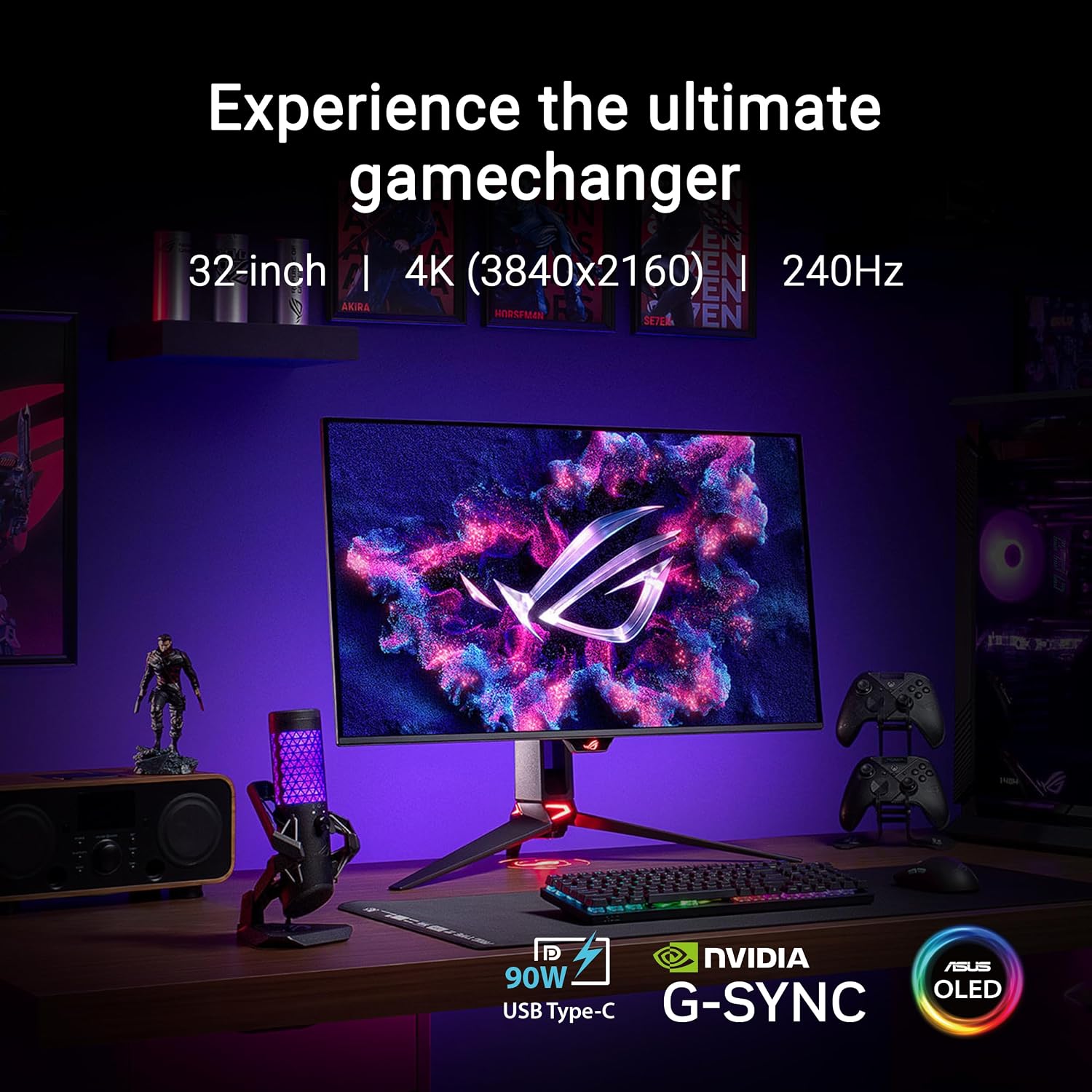 ASUS ROG Swift 32' 4K OLED Gaming Monitor (PG32UCDM) - UHD (3840 x 2160), QD-OLED, 240Hz, 0.03ms, G-SYNC Compatible, Custom Heatsink, Graphene Film, 99% DCI-P3, True 10-bit, 90W USB-C