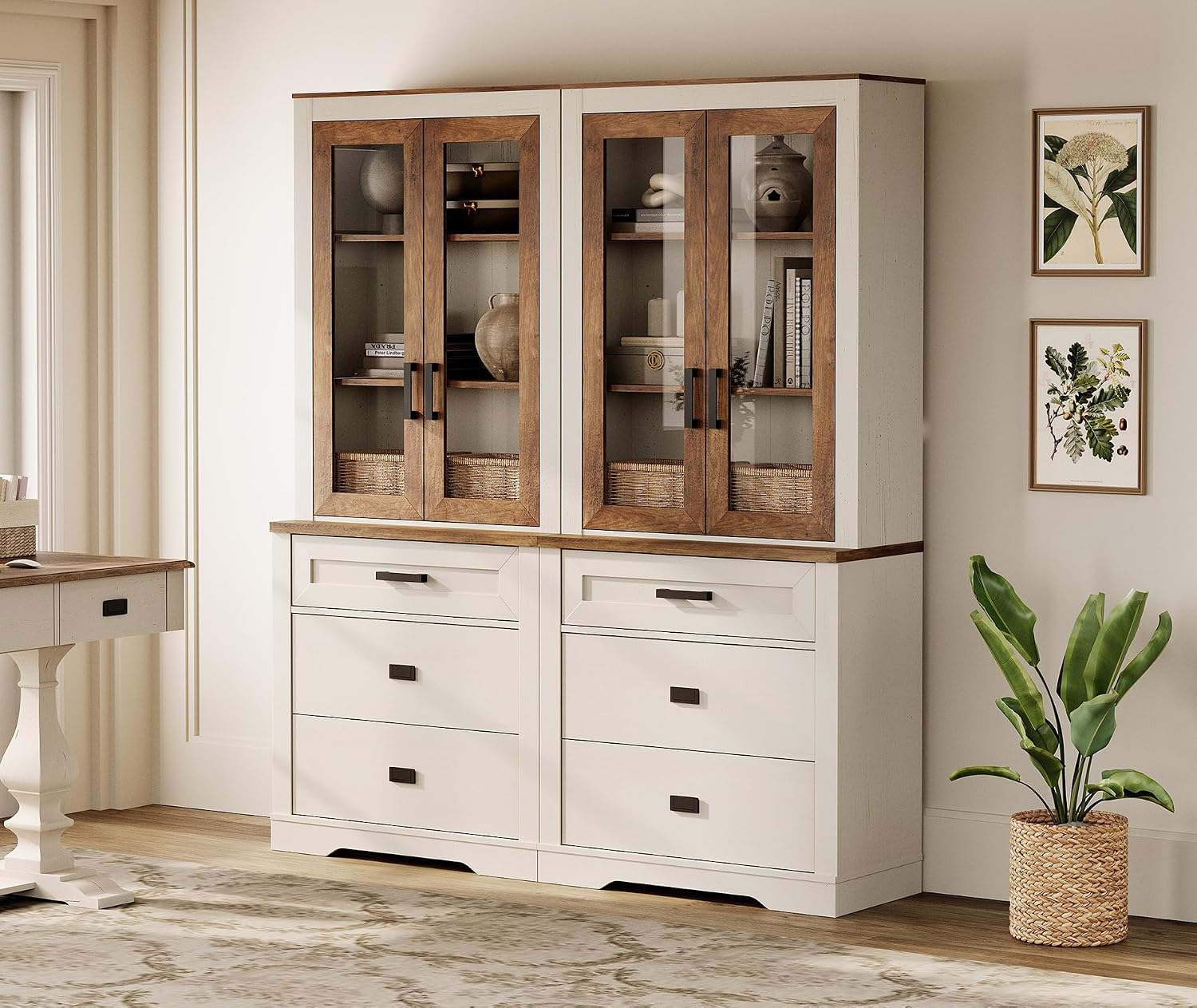 WAMPAT 2 Column 73.3' Tall Bookcase with Glass Door, 63' Wide Rustic Wood Bookshelves with Chest of Drawers, Modern Farmhouse Display Storage Cabinet with Adjustable Shelves for Home,Office,White&Oak