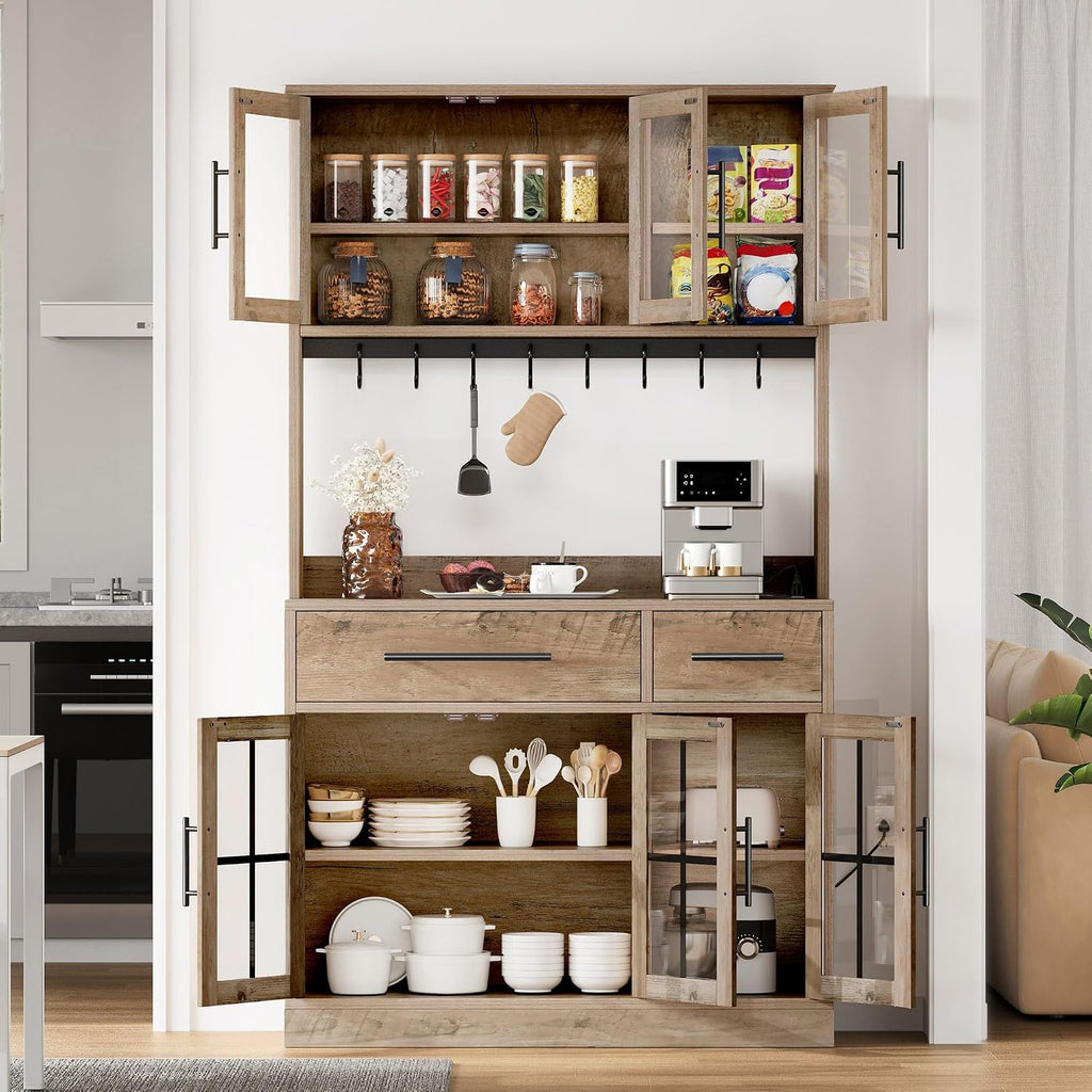 DWVO 71'' Tall Kitchen Pantry Storage Cabinet with Charge Station, Farmhouse Glass Display Food Pantry Hutch with Microwave Stand & Hooks & Drawers & Shelves for Home Living Dining Room, Lvory Grey