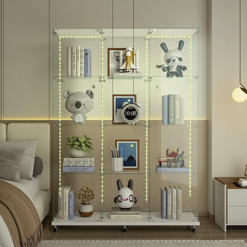 Glass Display Cabinet with 4 Shelves Extra Large,LED Lights and Wheels, Rolling 2 Doors Glass Top Curio Cabinet with Lock 64.88' High Led Curio Display Cabinet Showcase for Living Room,Bedroom,White