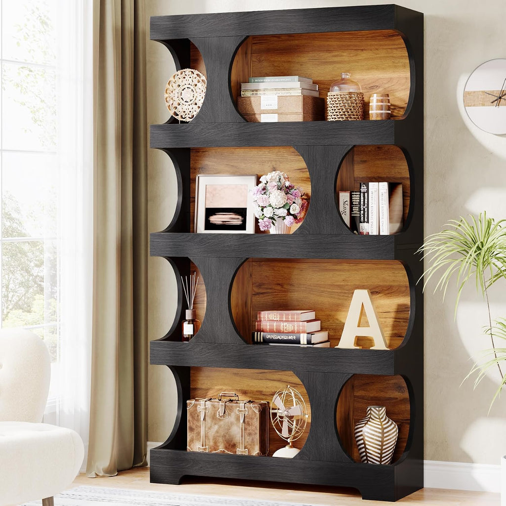 Tribesigns 71' Tall Bookcase, 4-Tier S-Shaped Bookshelf, Wood Decorative Storage Shelving, Modern Freestanding Display Shelves, Large Library Book Shelf Unit for Home Office Living Room, Black & Brown