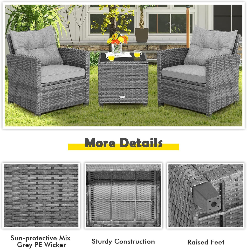 Tangkula 3 Pieces Patio Furniture Set, Outdoor PE Rattan Conversation Chair Set with Tempered Glass Side Table and Removable Cushions, PE Wicker Chairs and Table Set for Porch, Balcony and Garden