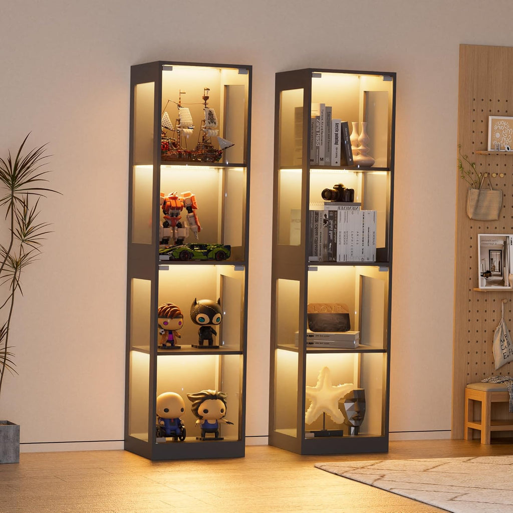 Grepatio Display Cabinet with Glass Doors, 4-Tier Display Case with RGB Lights, Glass Toy Display Cabinet for Collectible, Curio Cabinets Collectibles Display Shelf for Playroom, Living Room (Black)