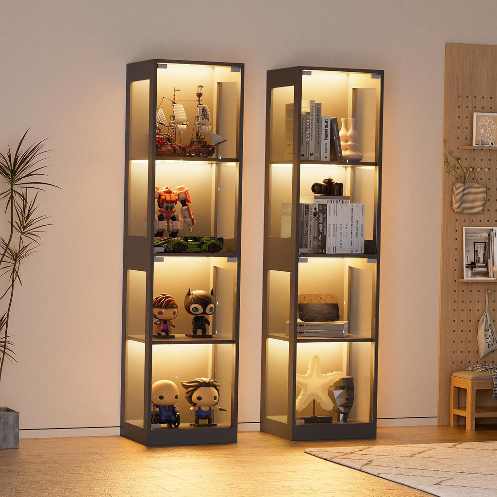 Grepatio Glass Display Cabinet, 4-Tier Display Cases for Collectibles, Curio Cabinet with RGB Lights, Glass Bookcase Shelf Display Kids Toy Cabinets for Collectible, Living Room, Playroom (Black)