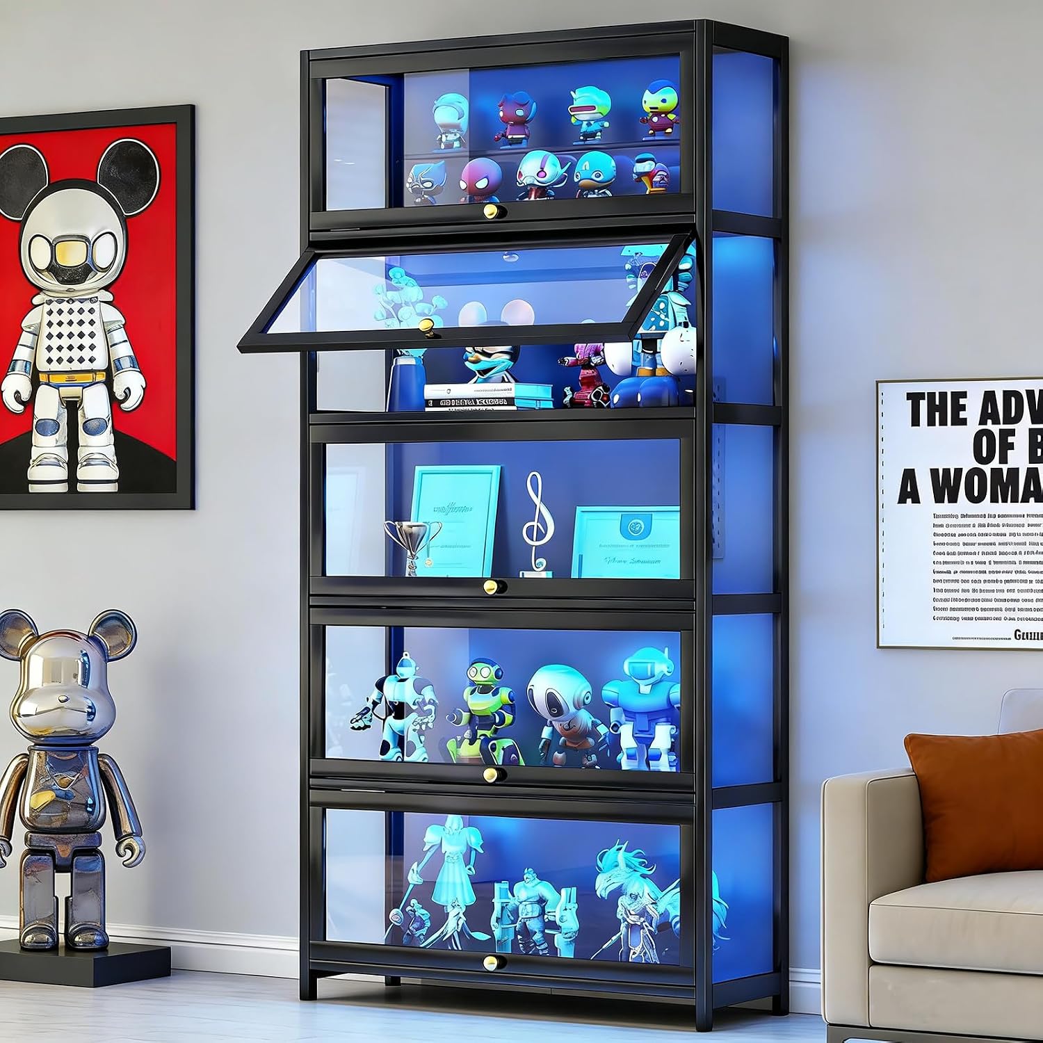 Display Cabinet with Acrylic Glass Doors, 5-Tier Curio Cabinet, Collectibles Toy Organizers Rack & Display Shelf, High Display Case for Home, Office, Playroom, Living Room