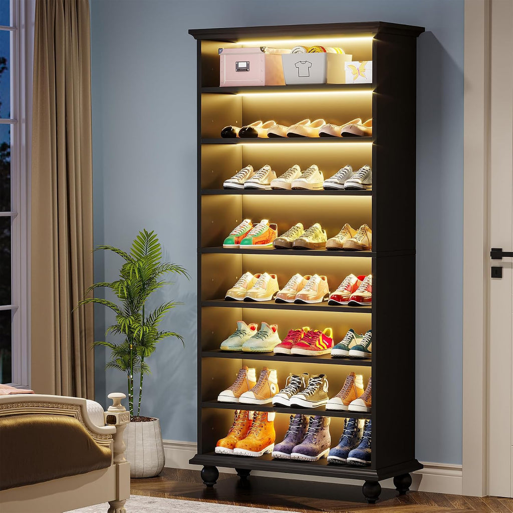 Tribesigns Narrow Tall Shoe Cabinet with LED Lighting, 9-Tier 30 Pairs Freestanding Shoes Storage Cabinet, Wood Shoe Organizer Cabinet with Solid Wooden Legs for Entryway (1, Black)