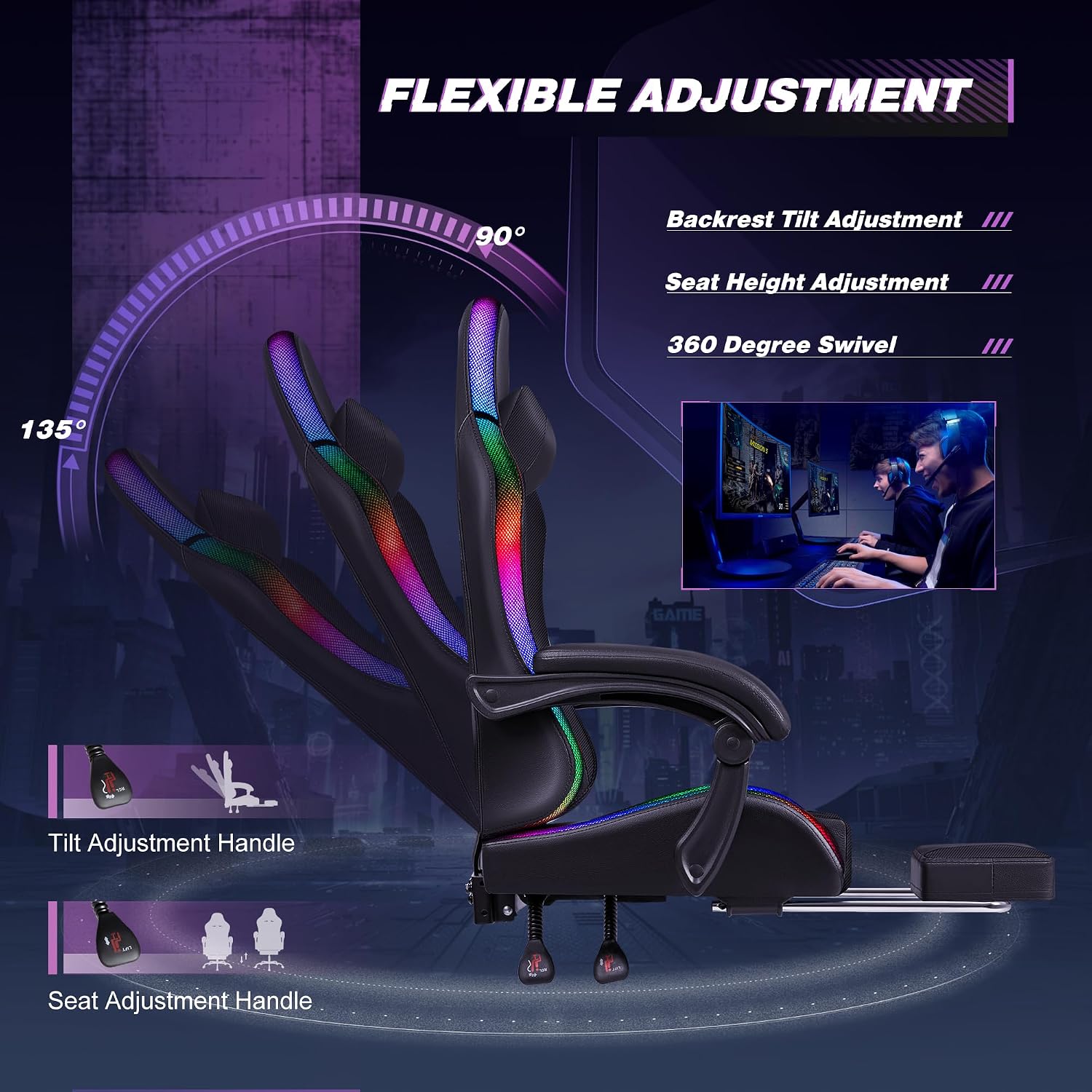 Homall Gaming Chair, Video Game Chair with Footrest and Massage Lumbar Support, Ergonomic Computer Chair Height Adjustable with Swivel Seat and Headrest (RGB Dark Black)