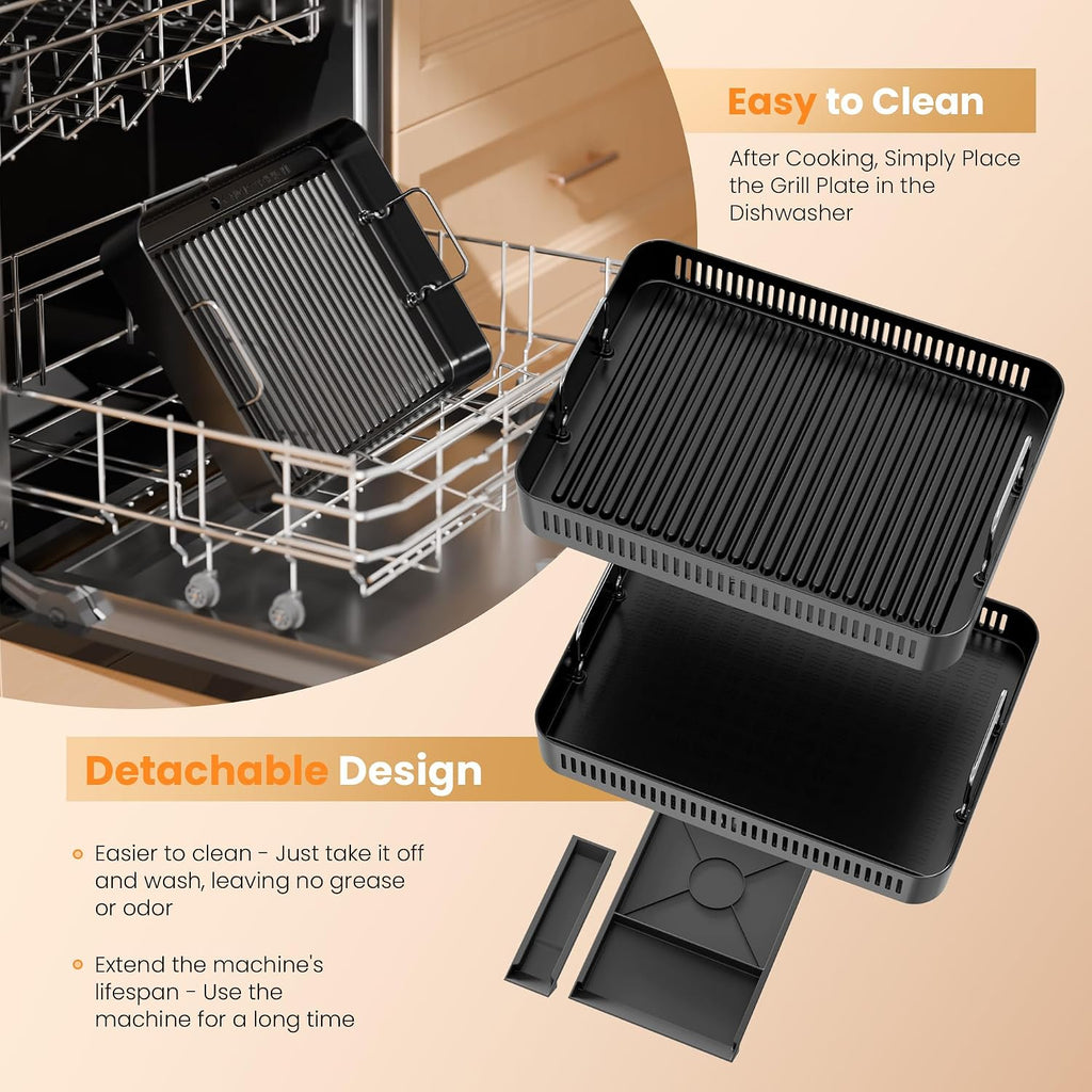 Kismile 2-in-1 Griddle and Indoor Grill,Electric Smokeless Grill with Temperature Probe,Temperature Control & display screen,for Indoor Steaks,Family Cooking(Black)