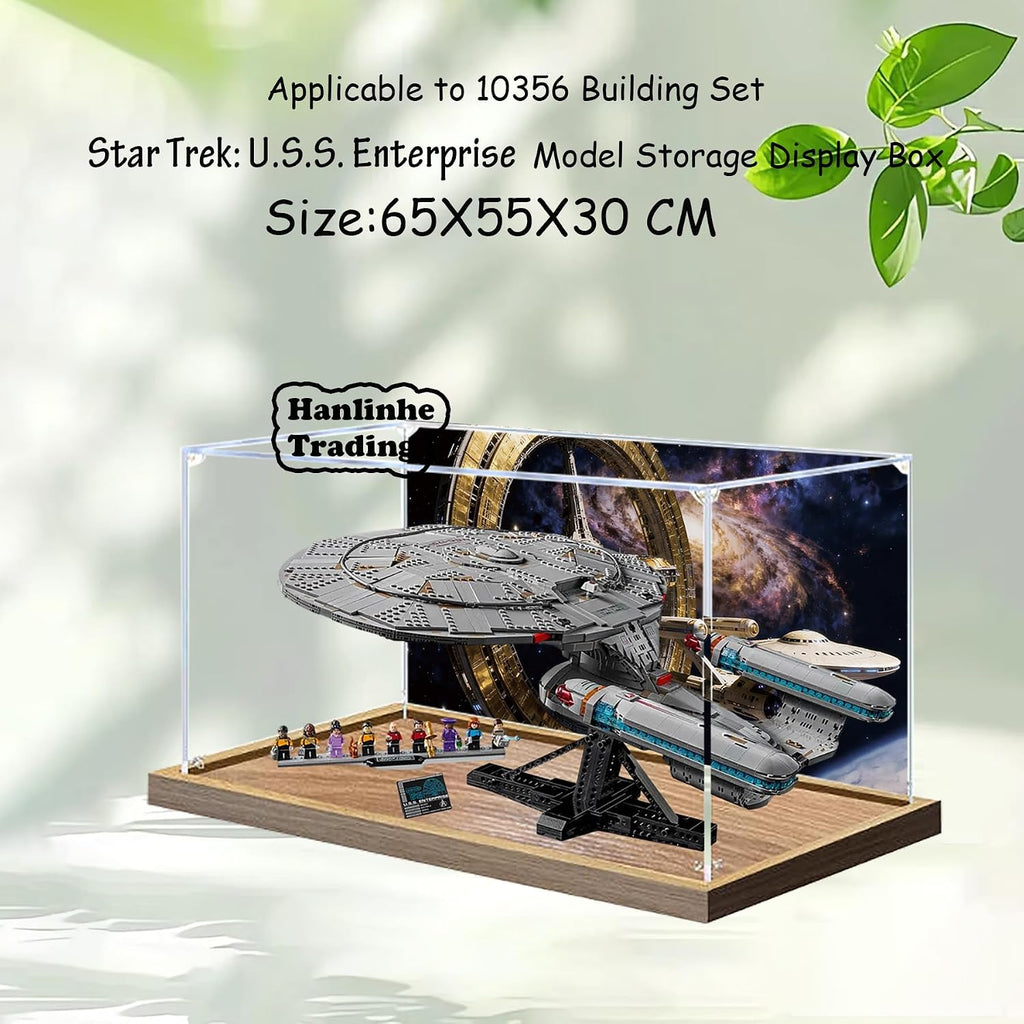 Acrylic Display Case for Lego 10356 Star Trek: Federation Starship Building Set– Dustproof Display Box & Showcase, Display Box Compatible with Lego 10356-Only Display case (Back Spray Wood Base 2)