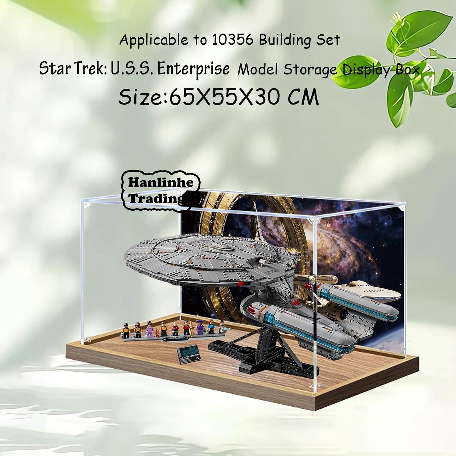 Acrylic Display Case for Lego 10356 Star Trek: Federation Starship Building Set– Dustproof Display Box & Showcase, Display Box Compatible with Lego 10356-Only Display case (Back Spray Wood Base 2)