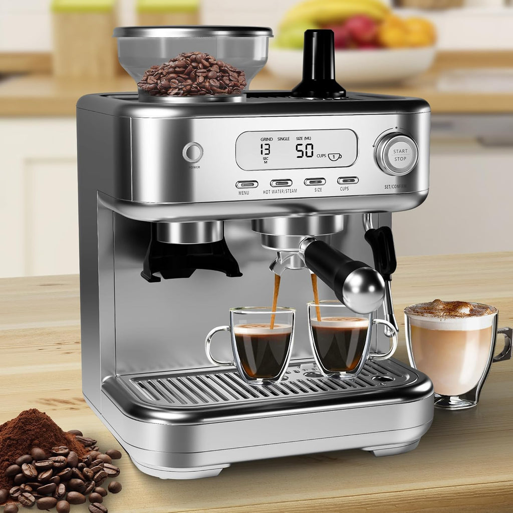 Garvee 16 Inch Espresso Machine, 20 Bar Professional Coffee Maker with Grinder for Home, Coffee Machine with High Power Milk Frother, Digital LCD, Stainless Steel (Single/Double Brew)