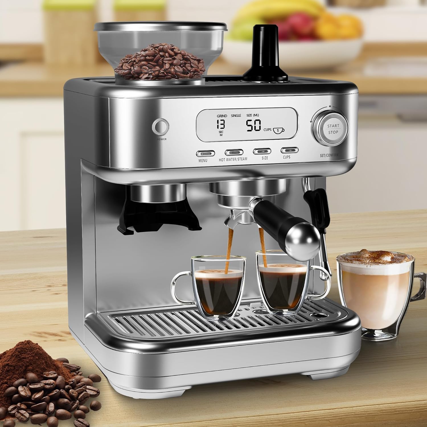 Garvee 16 Inch Espresso Machine, 20 Bar Professional Coffee Maker with Grinder for Home, Coffee Machine with High Power Milk Frother, Digital LCD, Stainless Steel (Single/Double Brew)