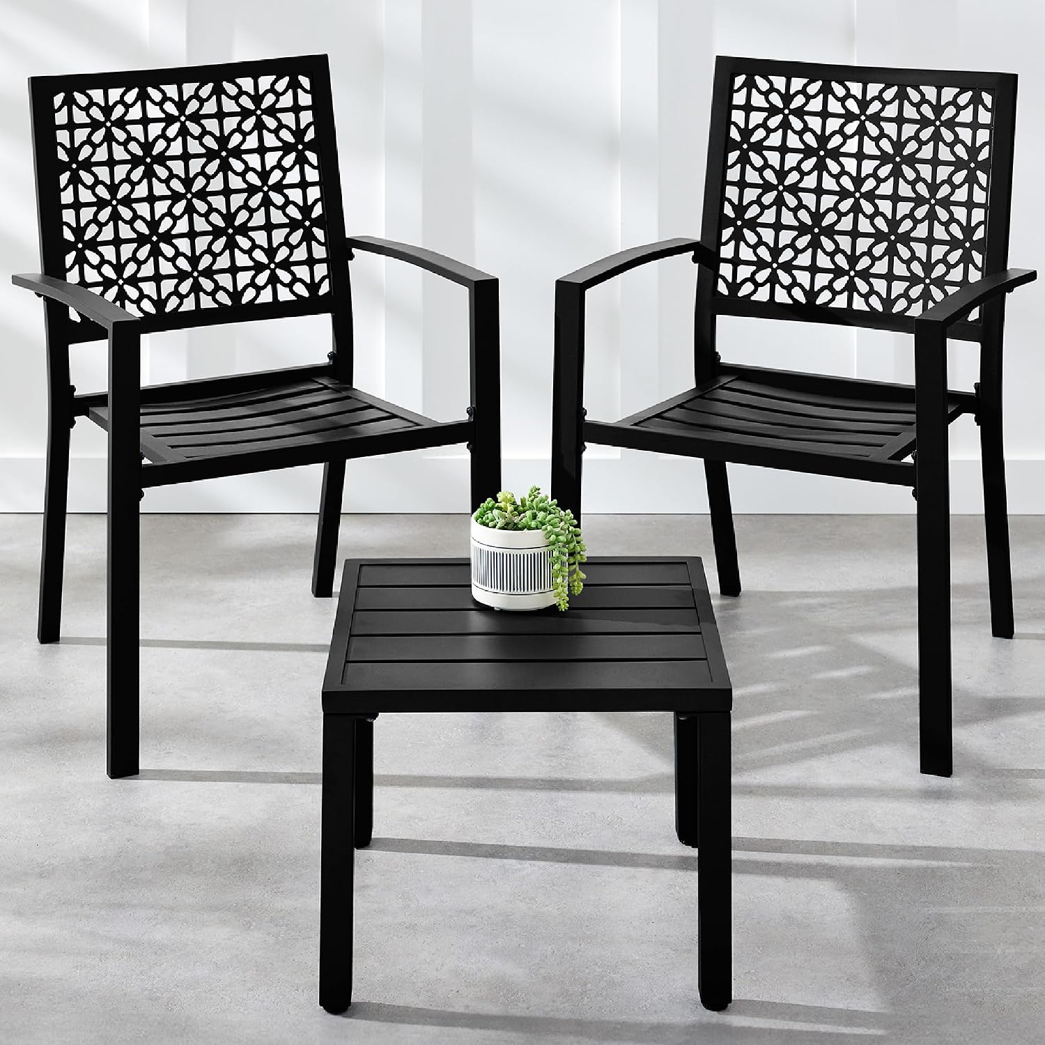 Best Choice Products 3-Piece Outdoor Bistro Set, Stackable Modern Steel Furniture for Porch, Garden w/ 2 Chairs, Table, Geometric Decor - Black