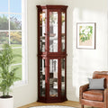 70' H Lighted Corner Display Cabinet, Wooden Storage Display Case with Tempered Glass Doors, Accent Cabinet with Adjustable Shelves for Living Room, Cherry