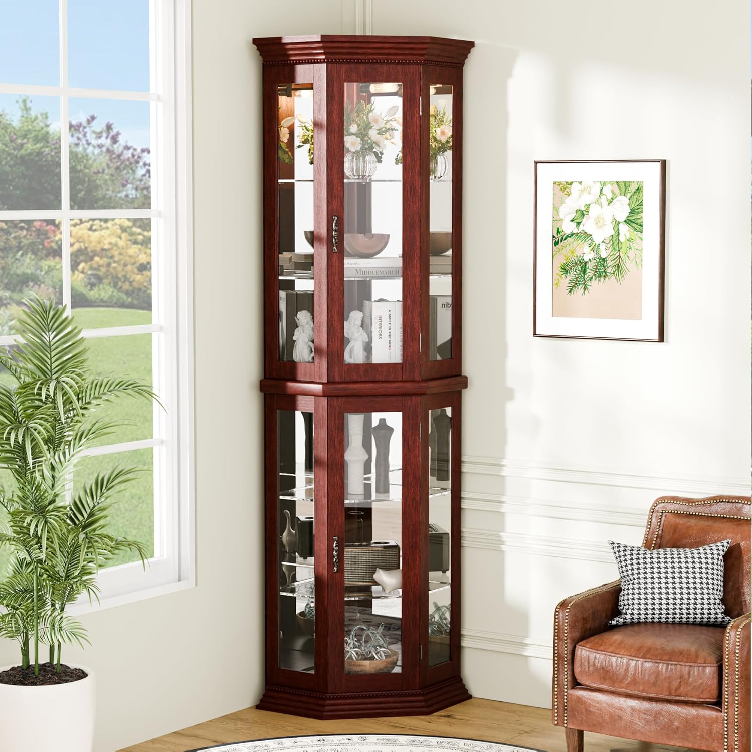 70' H Lighted Corner Display Cabinet, Wooden Storage Display Case with Tempered Glass Doors, Accent Cabinet with Adjustable Shelves for Living Room, Cherry
