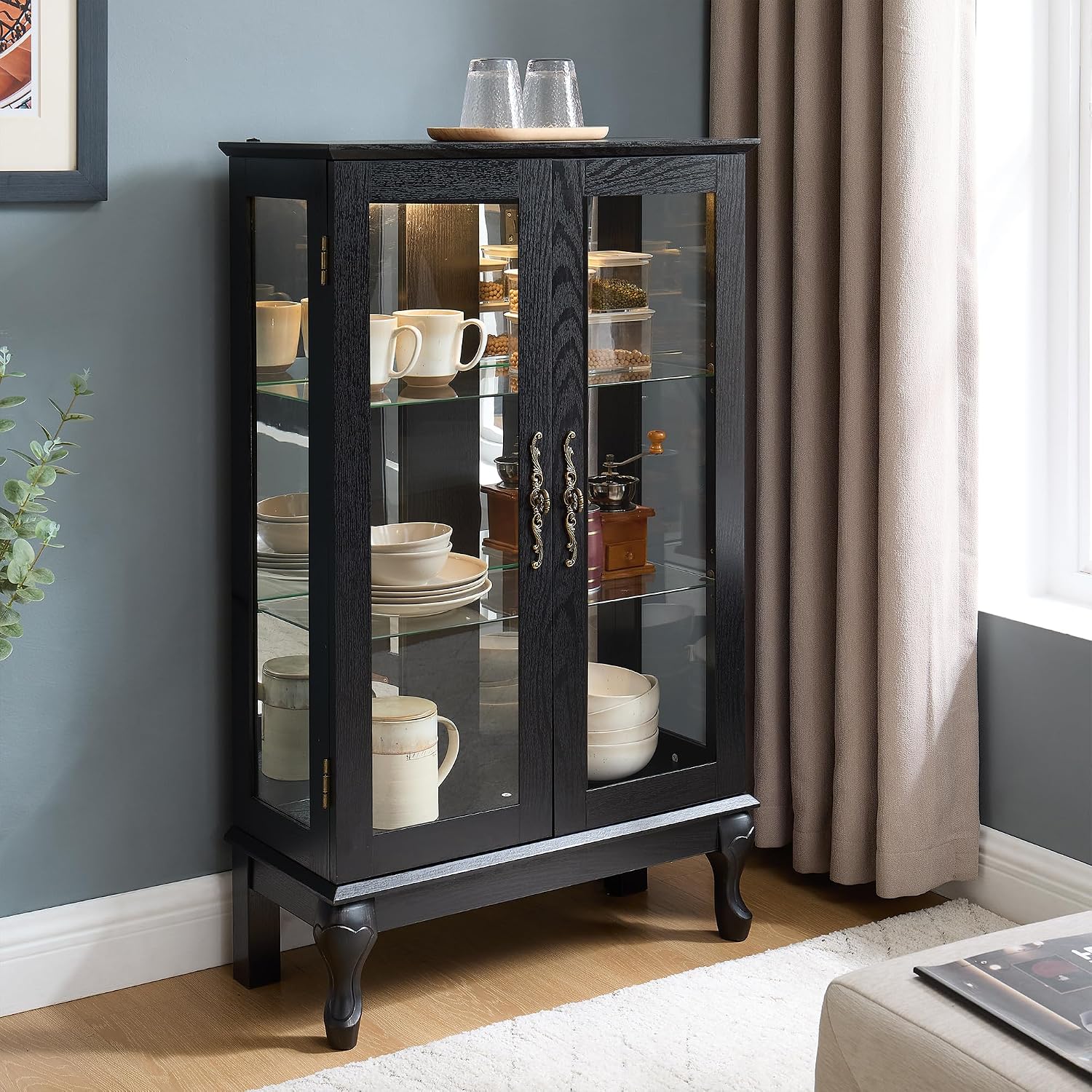 43' H Lighted Glass Curio Display Cabinet, 3-Tier Glass Accent Storage Cabinet Curio Showcase w/Adjustable Shelves,Wine Artwork Storage Rack w/Mirrored Back Panel for Living Room(Black)