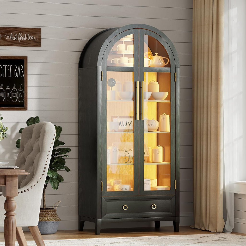 Arch Display Cabinet with Glass Doors, 4-Tier Curio Cabinet Shelves and a Drawer,73' Inch Tall LED Display Case for Collectibles,Bookcase for Bedroom Living Room Office,Black