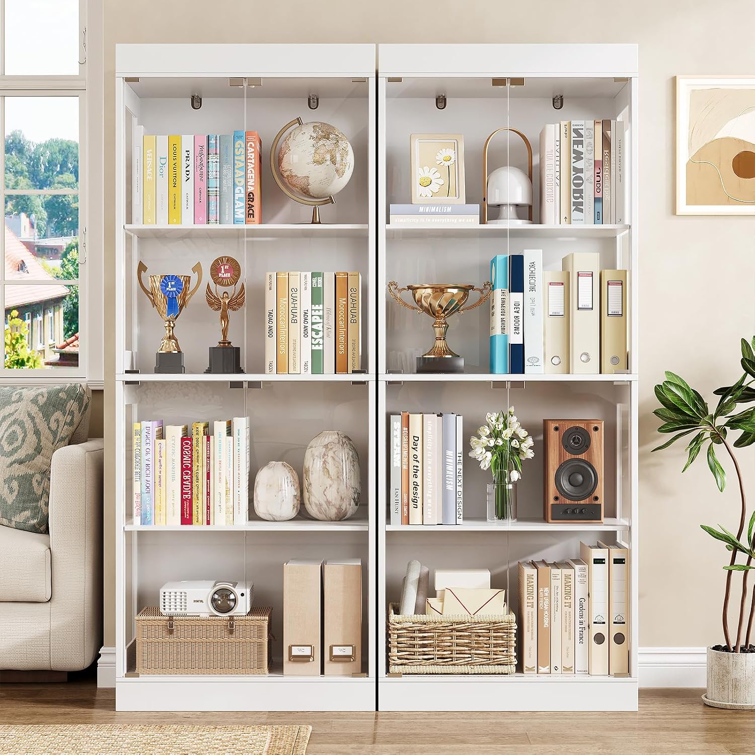 70.1' Display Cabinet with Glass Doors,4-Tier Curio Cabinet for Collectibles, Tempered Glass Display Case with Handleless Design for Living Room, Office, Kitchen，White