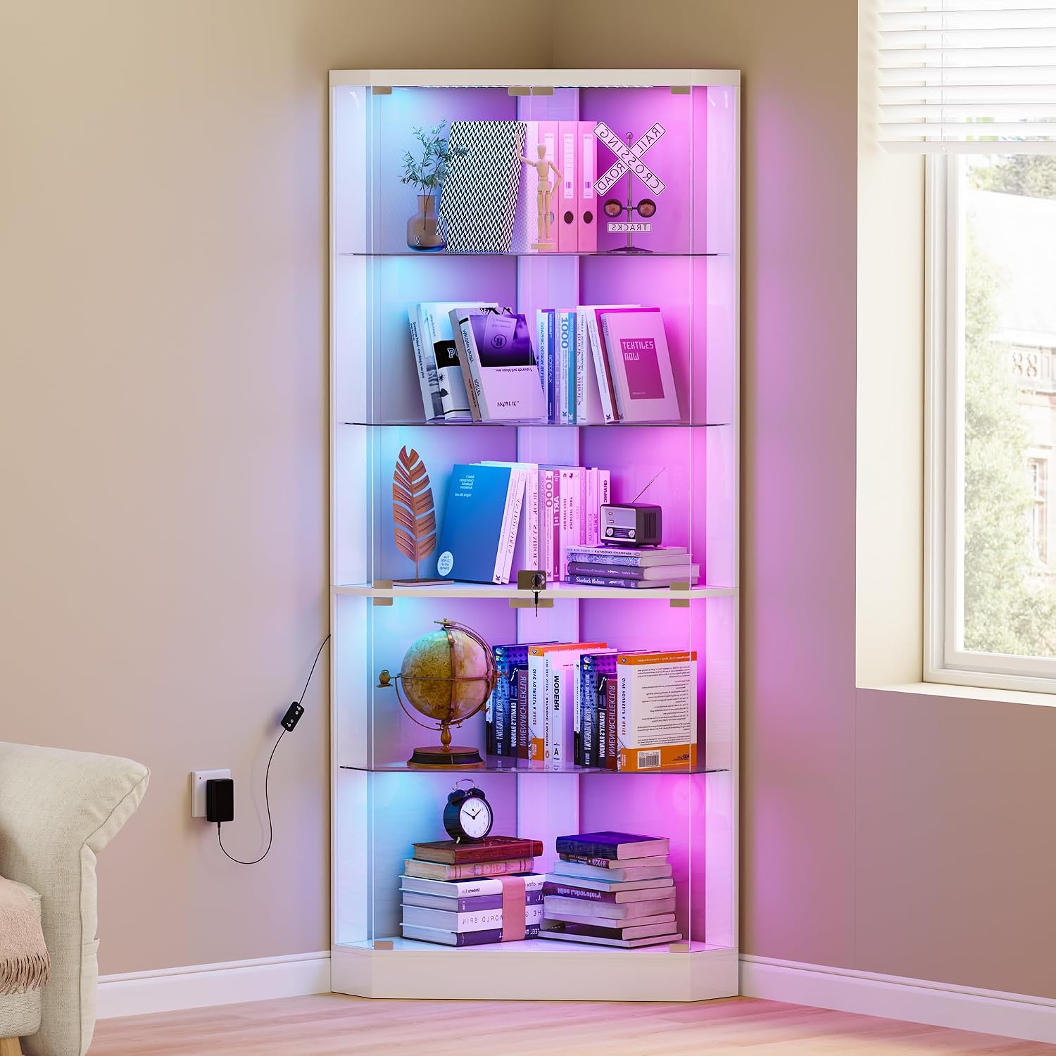 Lvifur 69' Corner Display Cabinet with RGB Lights,5-Tiers Curio Cabinet Display Case with Lock, Tall Showcase Display Shelf for Collectibles, Living Room Bookcase Storage Cabinet,White