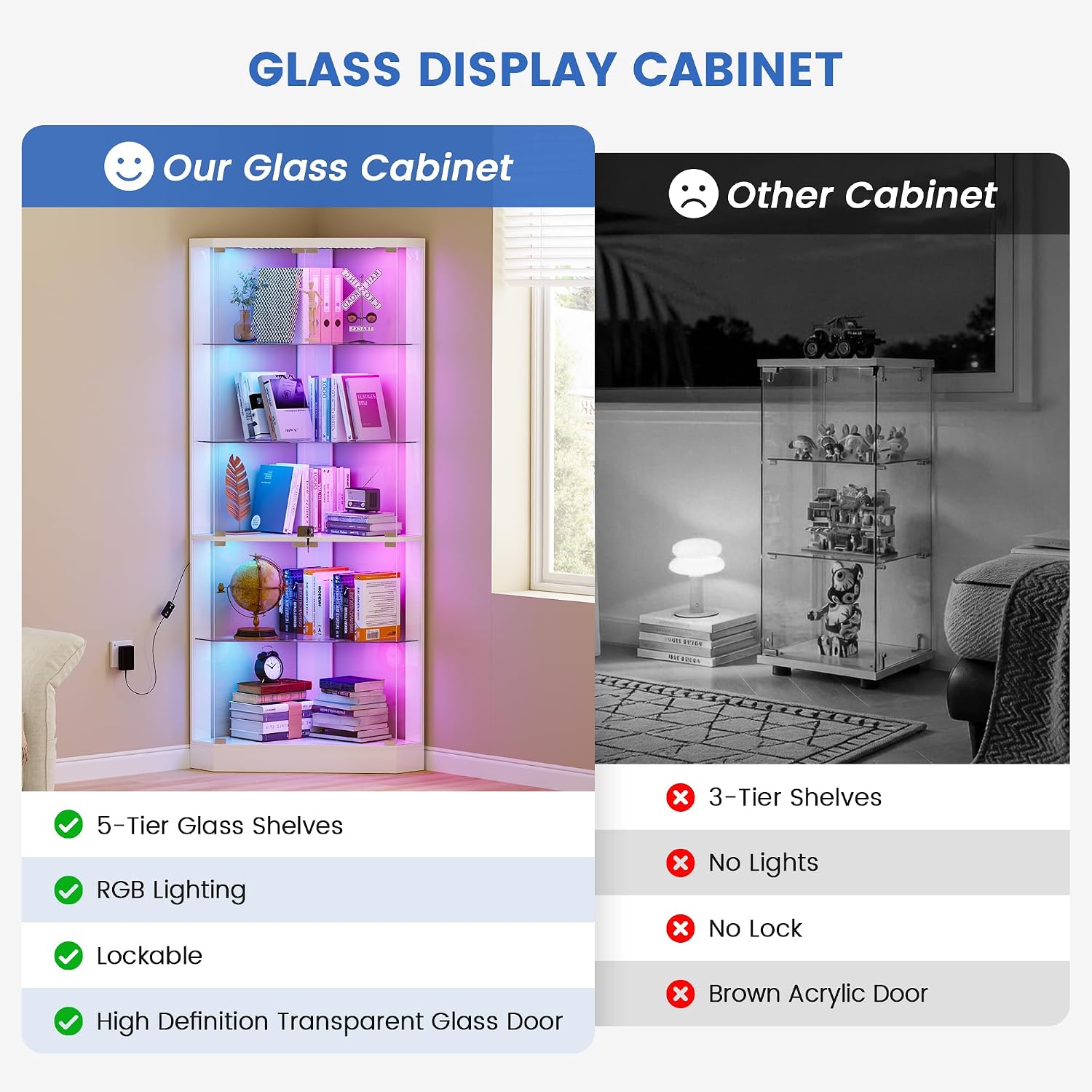 Lvifur Corner Display Cabinet with RGB Lights,5-Tiers Curio Cabinet Display Case with Lock,69' Tall Showcase Display Shelf for Collectibles, Living Room Bookcase Storage Cabinet,White