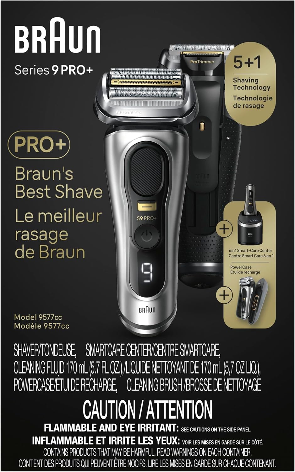 Braun Series 9 PRO+ 9577cc Electric Razor for Men, 5 Pro Shave Elements & Precision Long Hair Trimmer, 6in1 SmartCare Center, PowerCase for Mobile Charging, Wet & Dry, 60min Battery Runtime