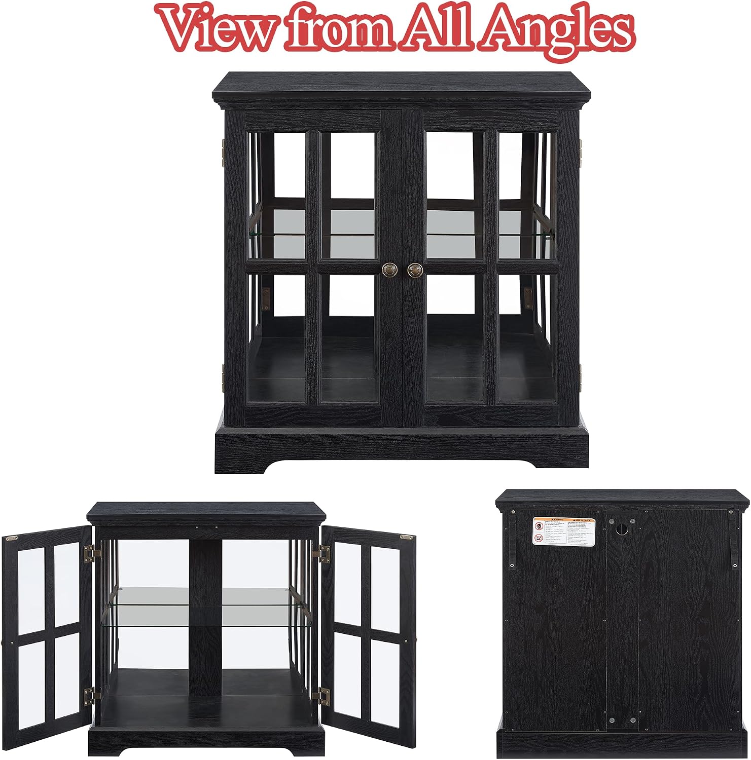 30' Glass Curio Display Storage Cabinet with LED Light, Modern 2 Lattice Doors Tableware Display Sideboard w/Adjustable Shelves, Retro Design Quality Showcase Bookcase for Home (Black)