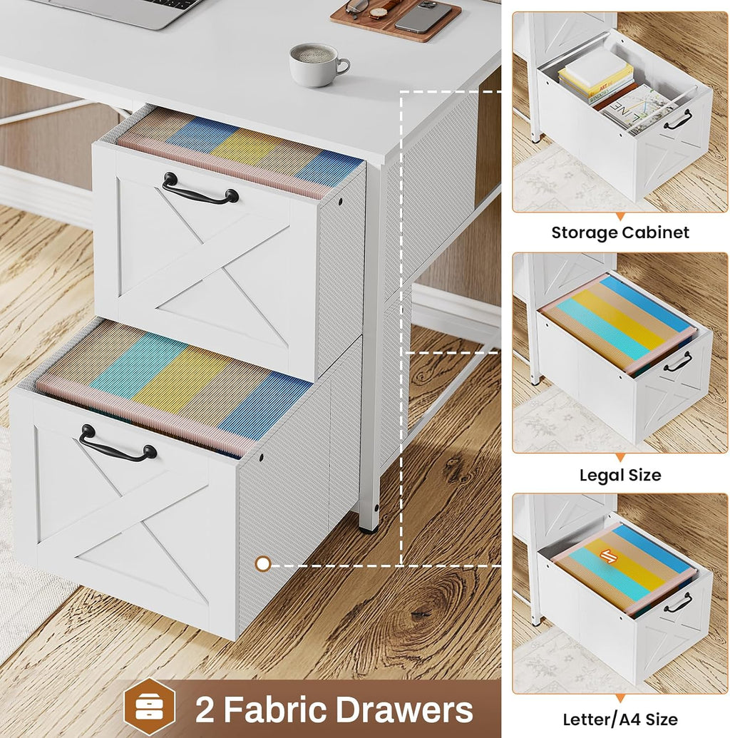 SEDETA White L Shaped Office Desk, Farmhouse Home Office Desk with Fabric File Drawers and Power Outlet, Corner Gaming Desk with LED Lights, Hutch and Storage Shelves
