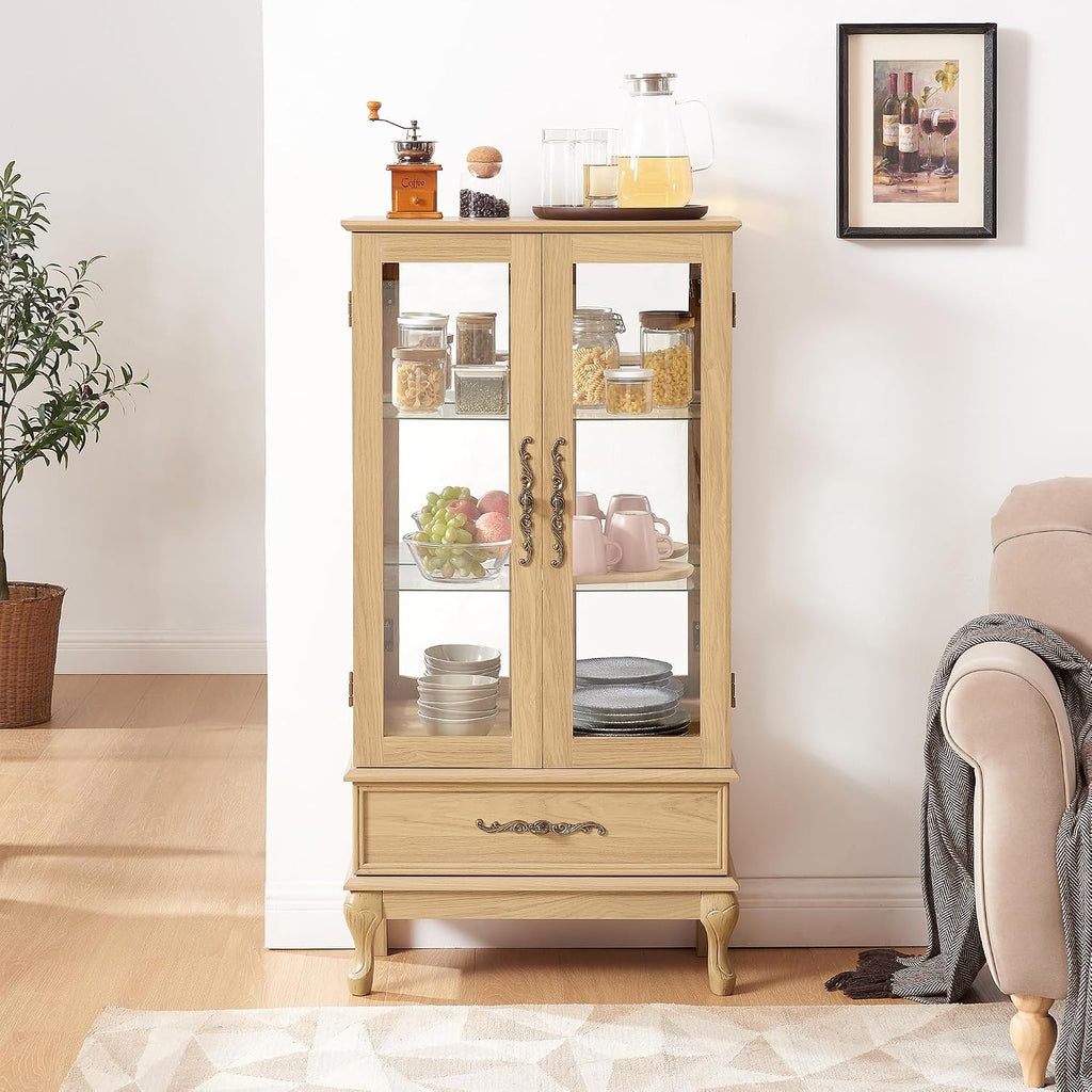 51' H Lighted Curio Display Cabinet with 2 Doors & 1 Drawer, Wooden Glass Curio Showcase w/Adjustable Shelves & Mirrored Back Panel, Storage Cabinet Display Case for Living Room (Light Oak)