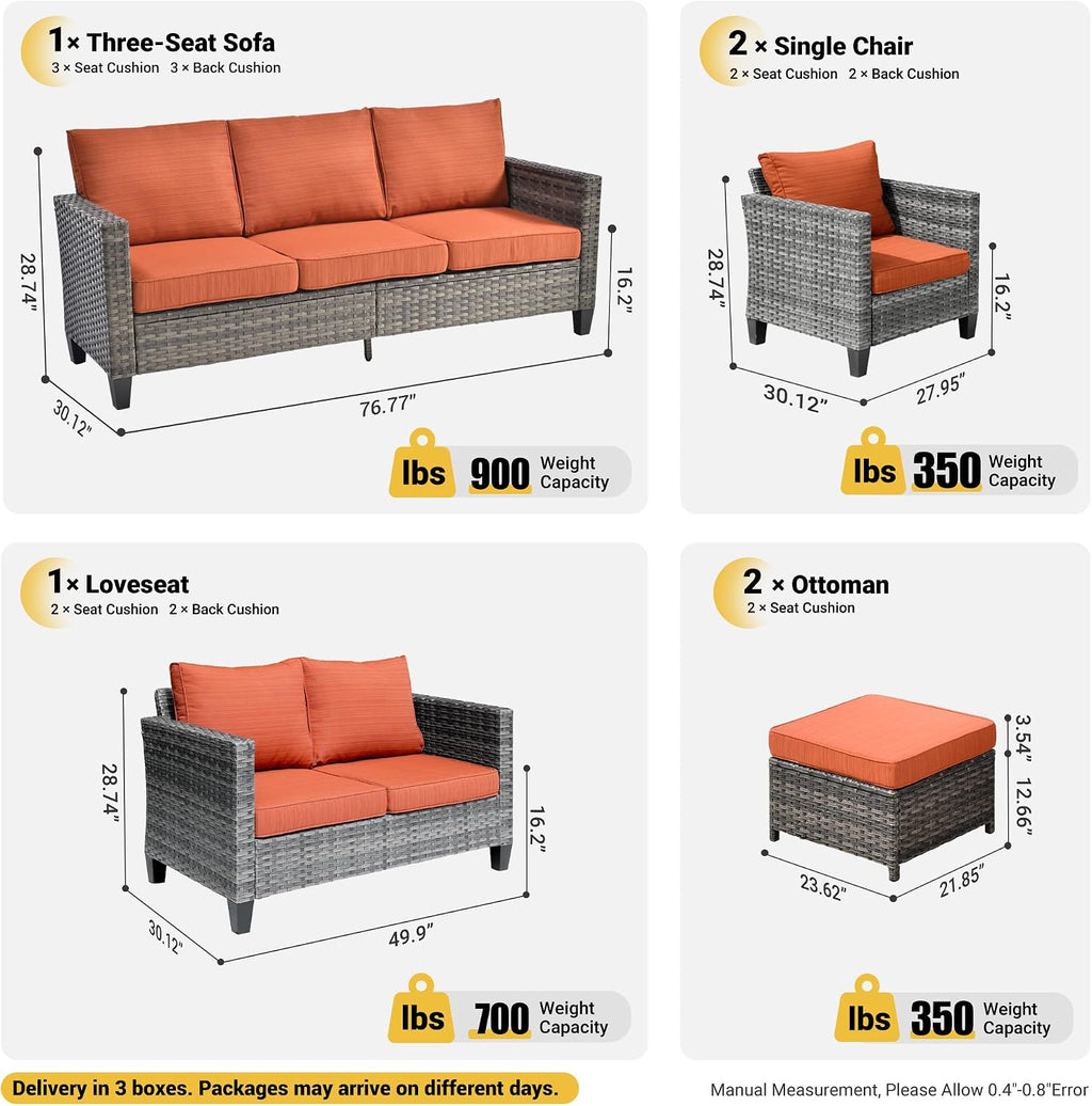ovios Patio Furniture Set, 6 Pieces Outdoor Wicker Sofa Couch with Loveseat, Ottomans and Comfy Cushions, All Weather High Back Rattan Conversation Set, Orange Red