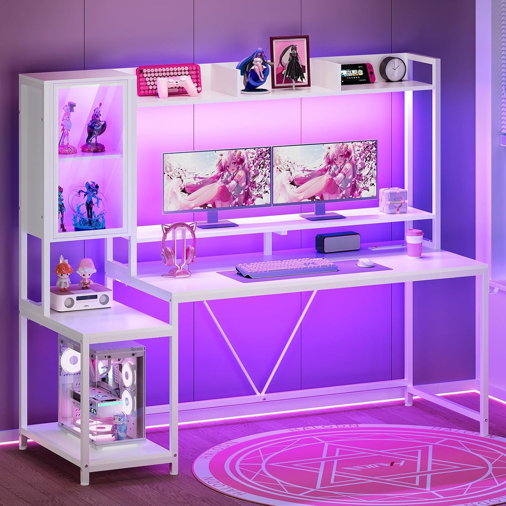 SEDETA White Gaming Desk, 60'' Gaming Desk with Hutch and LED Lights, Computer Desk with Storage Shelves, Large PC Gamer Desk with Display Cabinet, Monitor Stand, Power Outlet for Home Office
